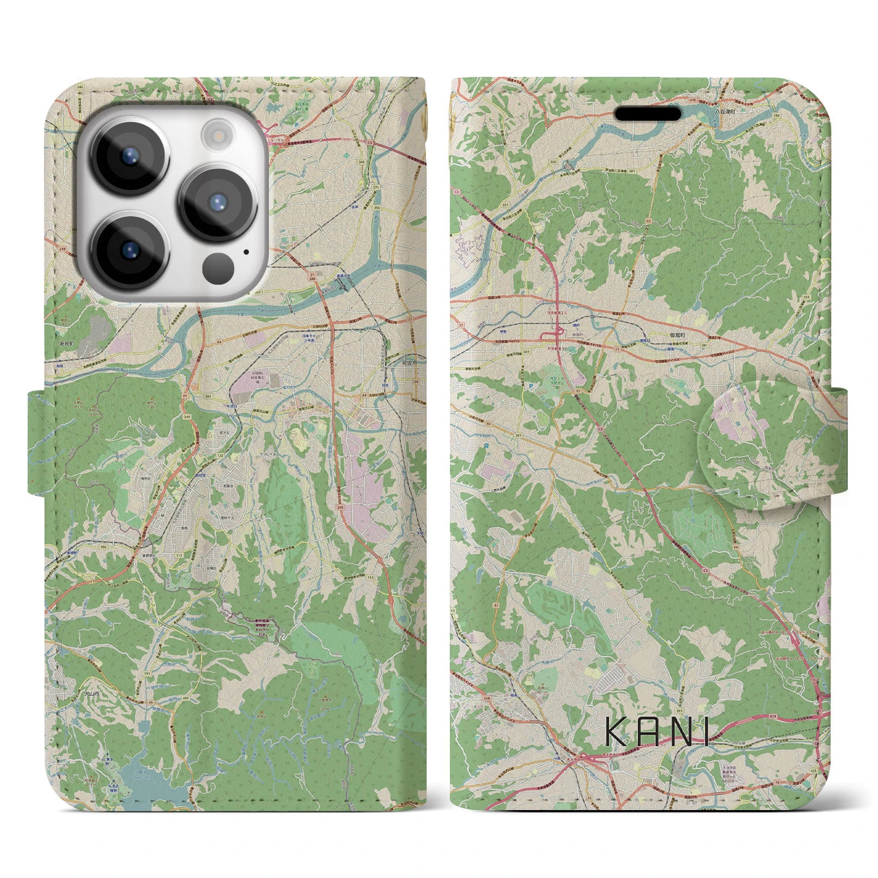 【可児(岐阜県)】地図柄iPhoneケース(手帳タイプ)ナチュラル・iPhone 14 Pro 用
