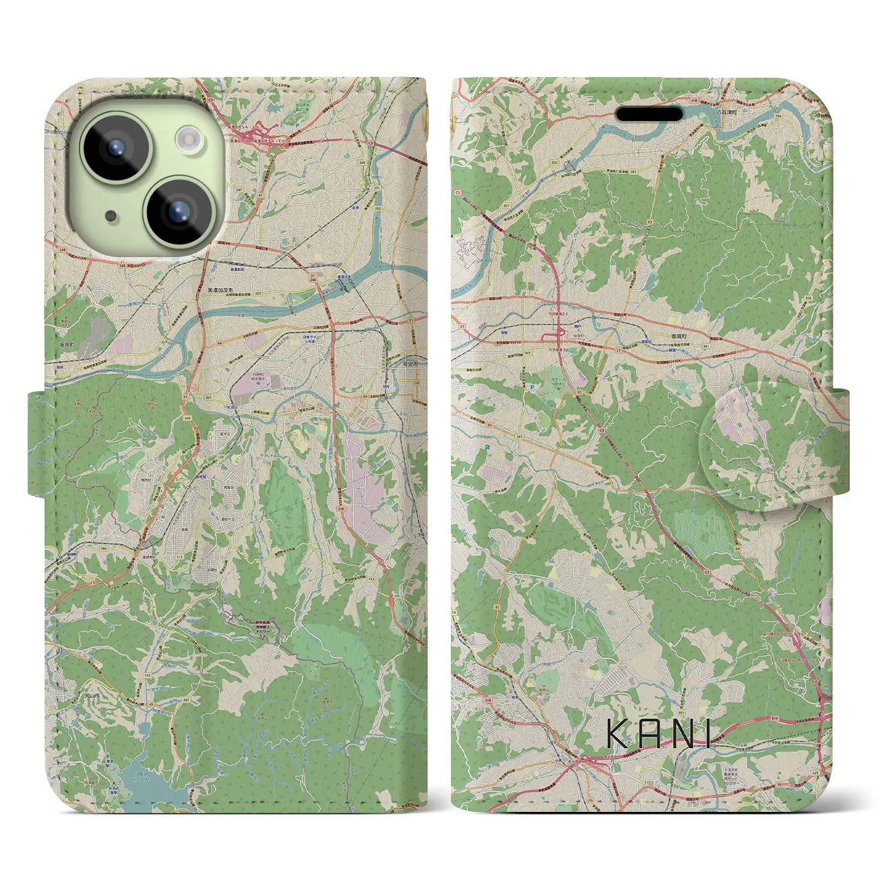 【可児(岐阜県)】地図柄iPhoneケース(手帳タイプ)ナチュラル・iPhone 15 用