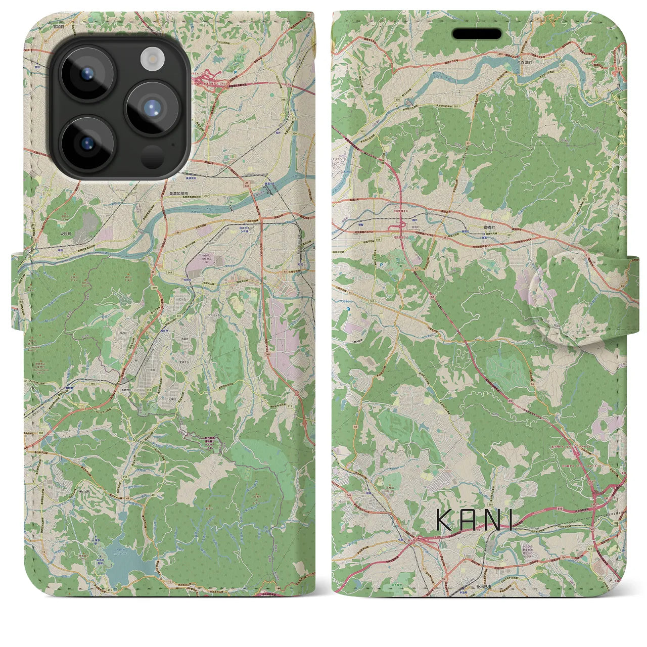 【可児(岐阜県)】地図柄iPhoneケース(手帳タイプ)ナチュラル・iPhone 15 Pro Max 用
