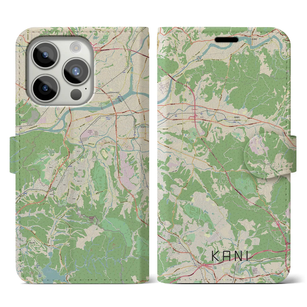 【可児(岐阜県)】地図柄iPhoneケース(手帳タイプ)ナチュラル・iPhone 15 Pro 用