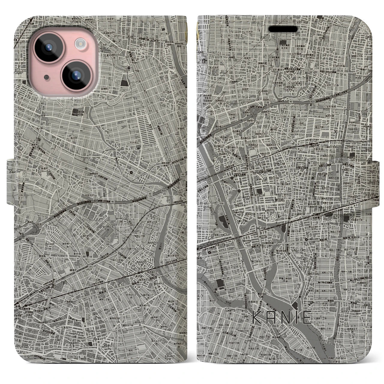 【蟹江(愛知県)】地図柄iPhoneケース(手帳タイプ)