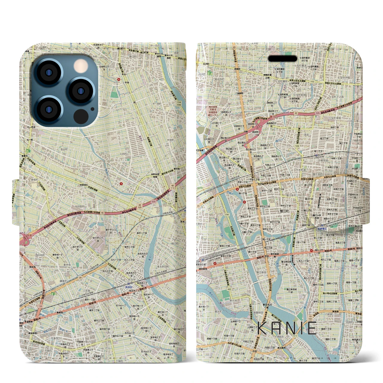 【蟹江(愛知県)】地図柄iPhoneケース(手帳タイプ)