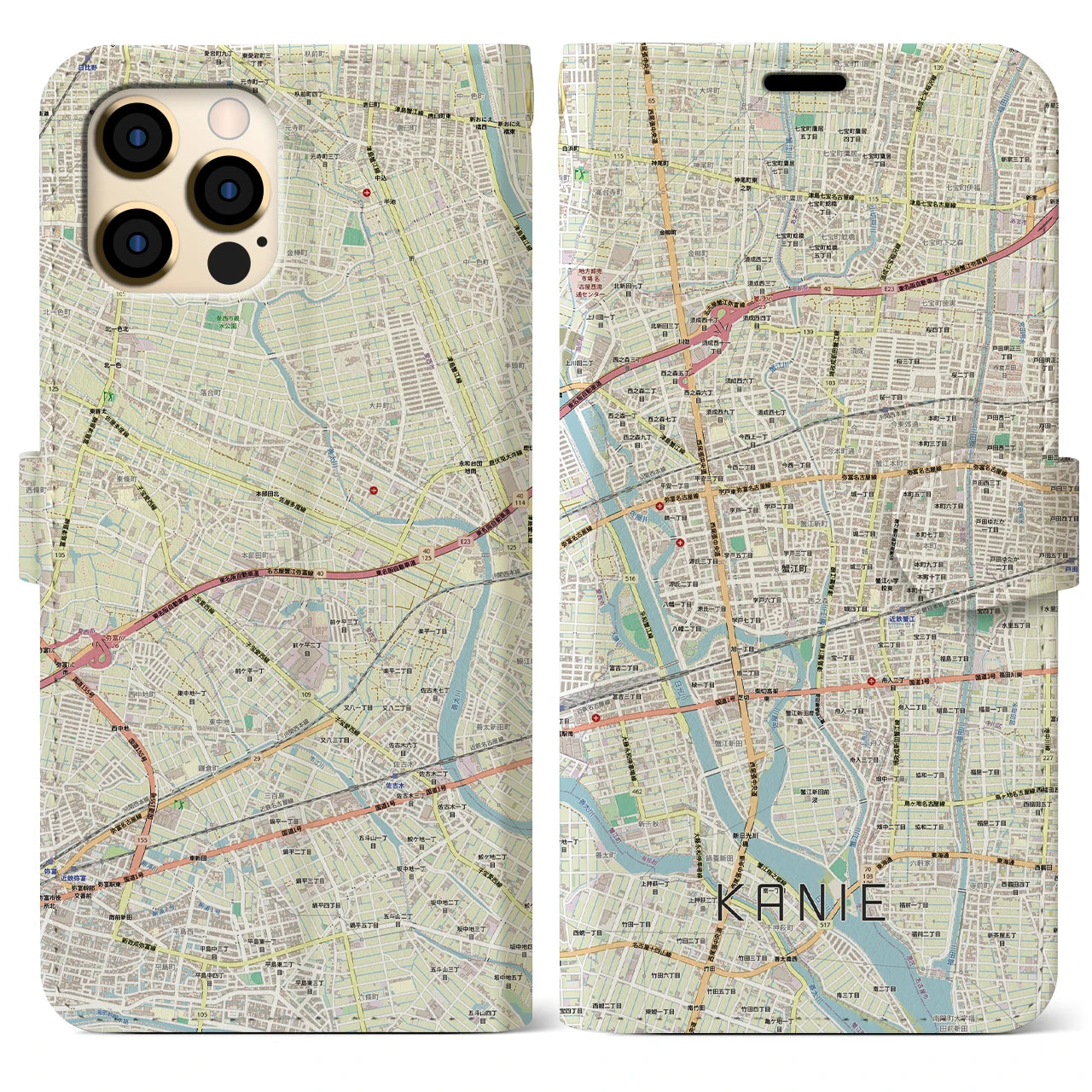 【蟹江(愛知県)】地図柄iPhoneケース(手帳タイプ)