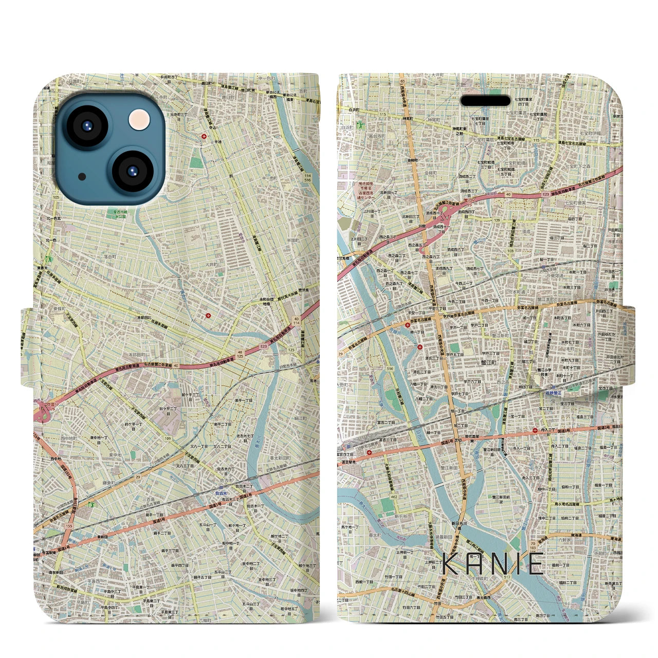 【蟹江(愛知県)】地図柄iPhoneケース(手帳タイプ)