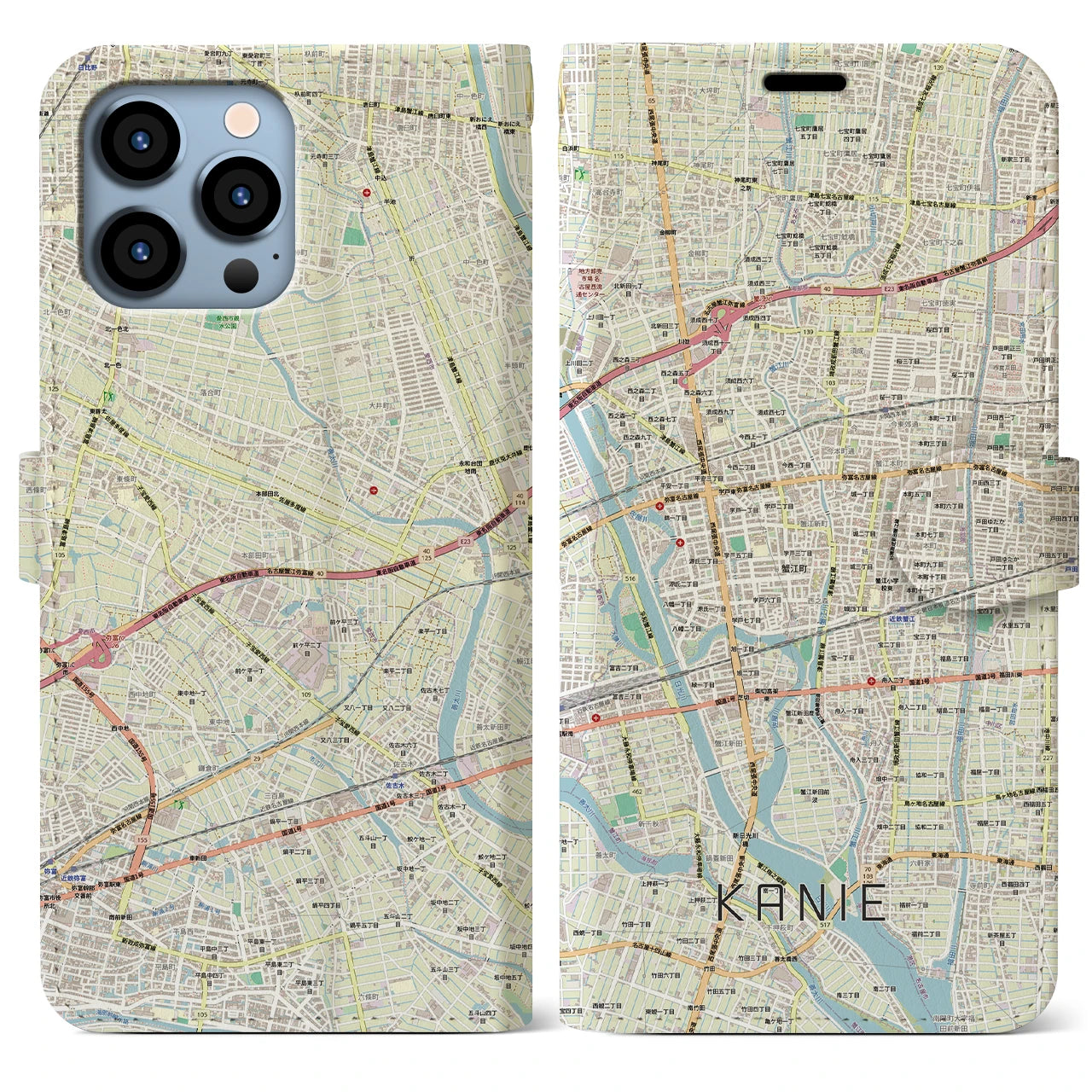 【蟹江(愛知県)】地図柄iPhoneケース(手帳タイプ)