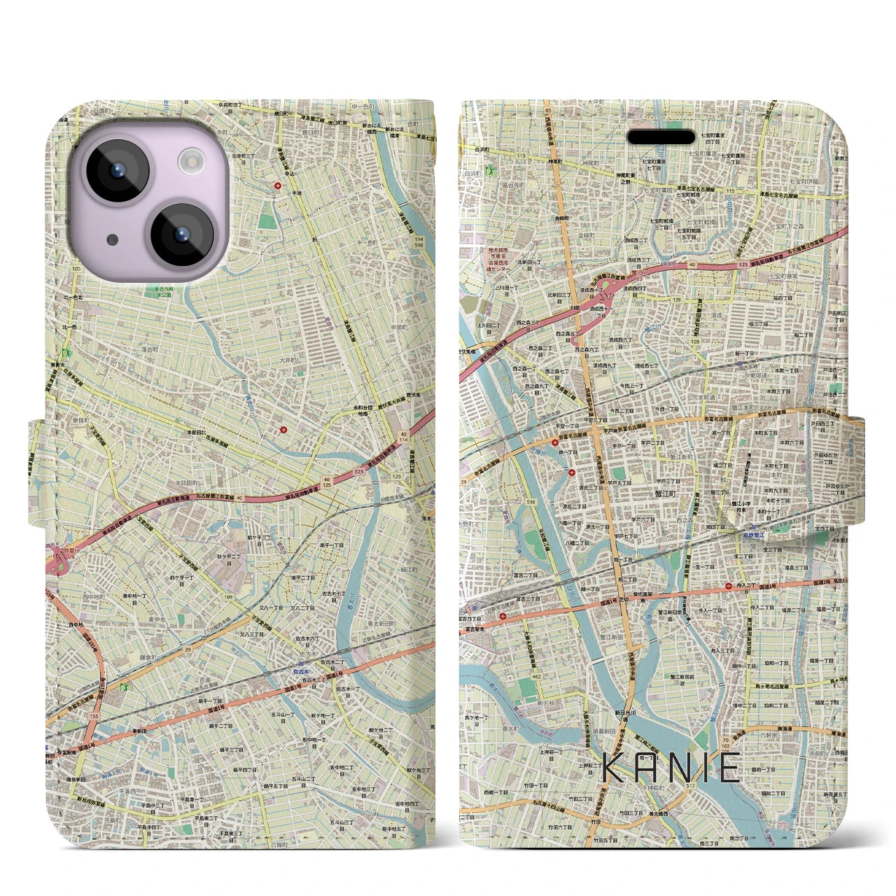 【蟹江(愛知県)】地図柄iPhoneケース(手帳タイプ)