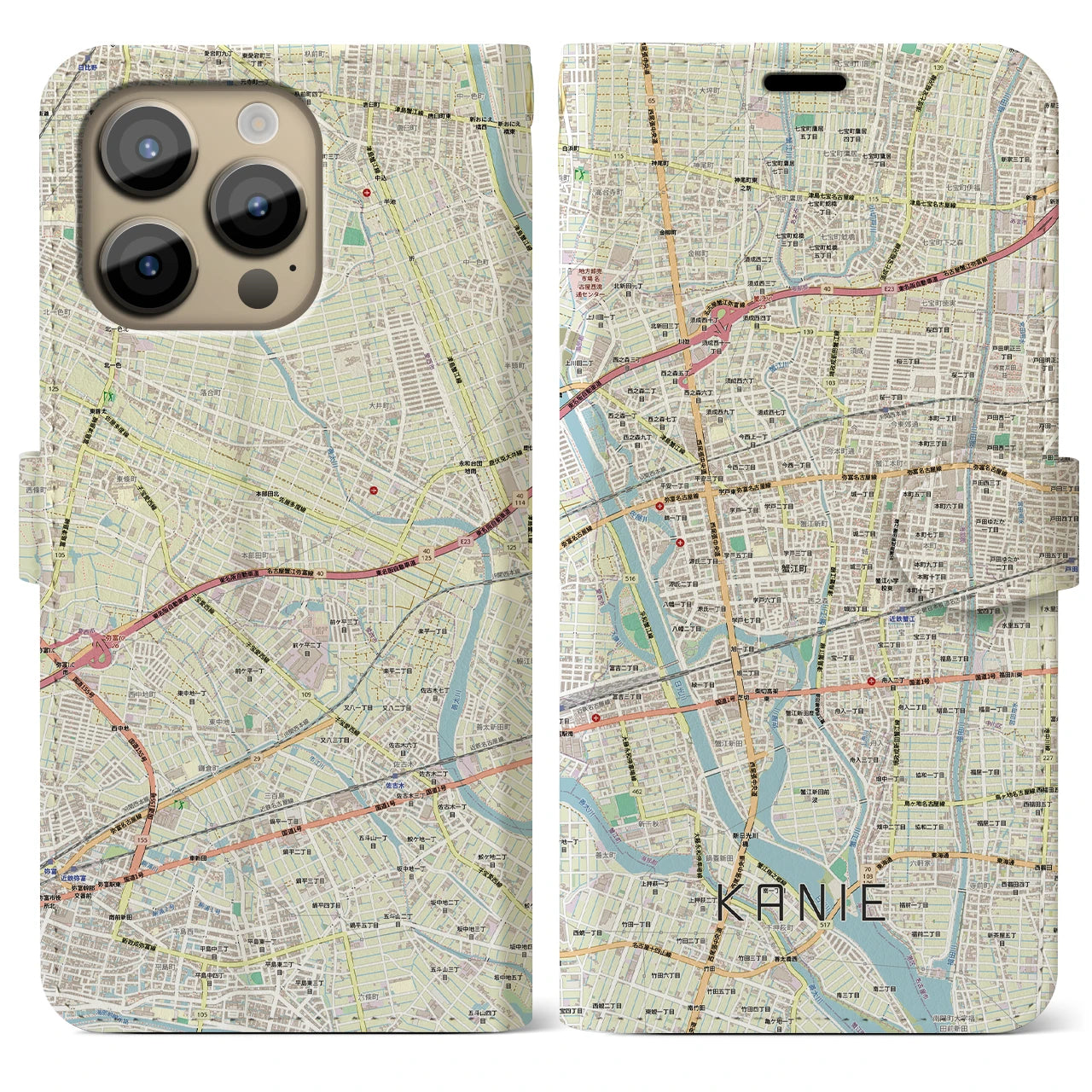 【蟹江(愛知県)】地図柄iPhoneケース(手帳タイプ)