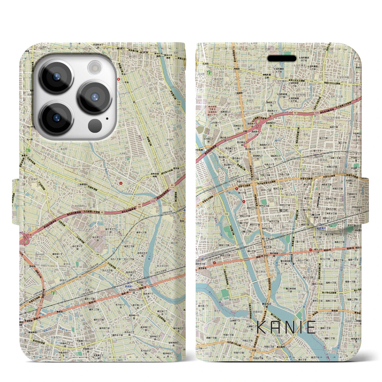【蟹江(愛知県)】地図柄iPhoneケース(手帳タイプ)