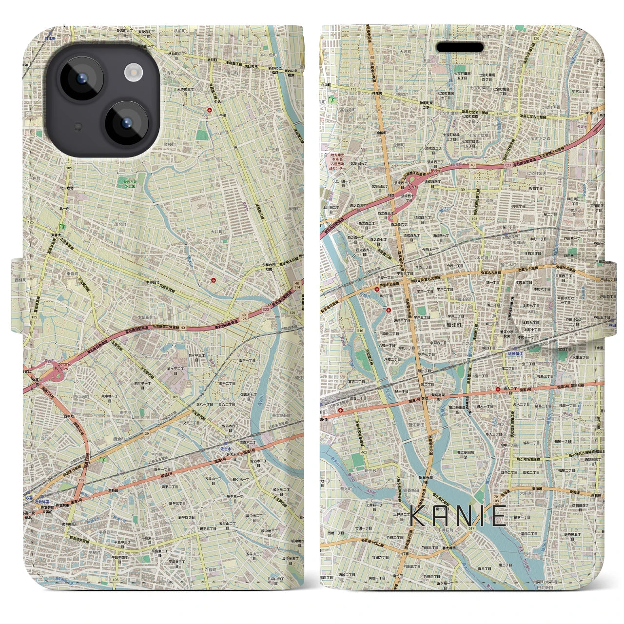 【蟹江(愛知県)】地図柄iPhoneケース(手帳タイプ)