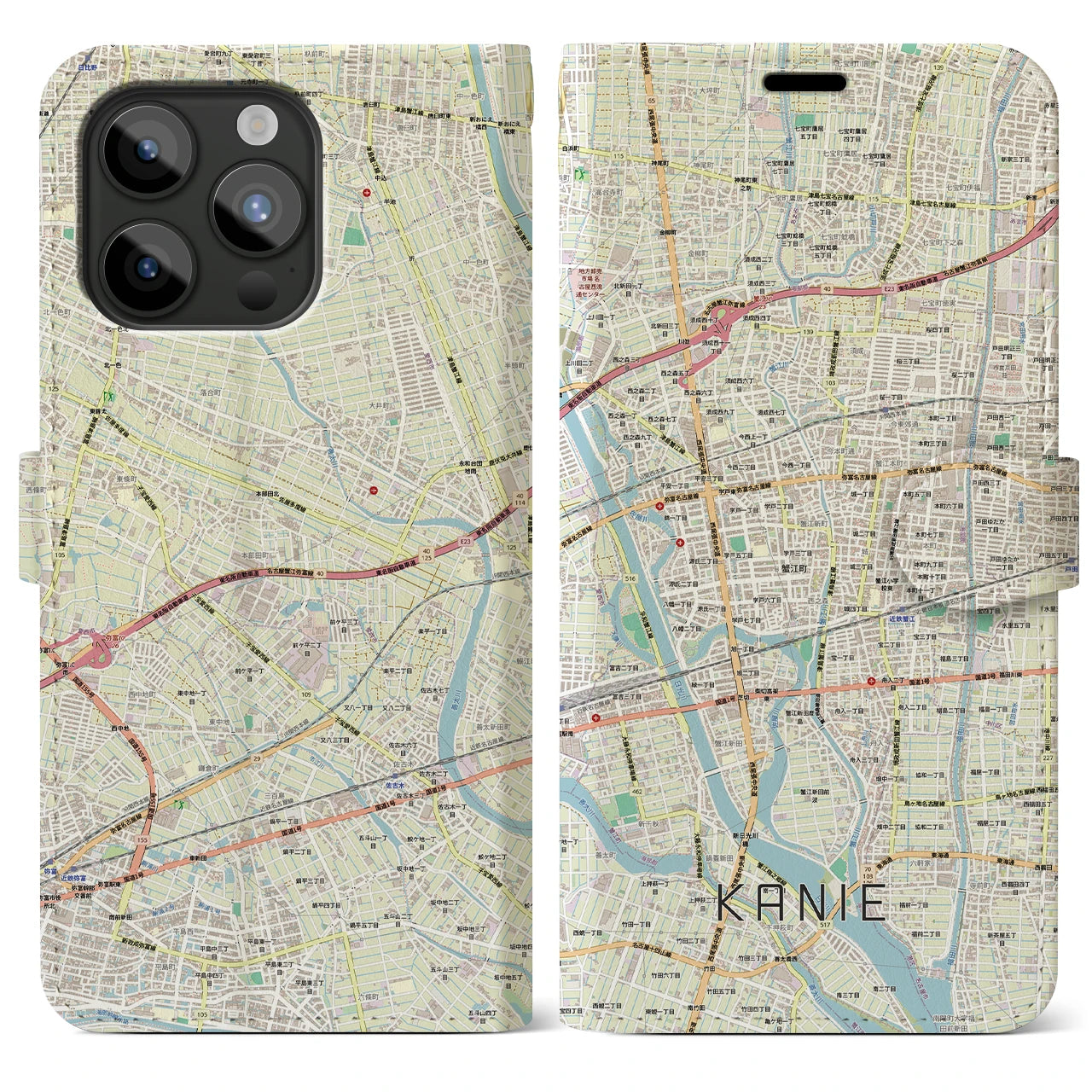 【蟹江(愛知県)】地図柄iPhoneケース(手帳タイプ)