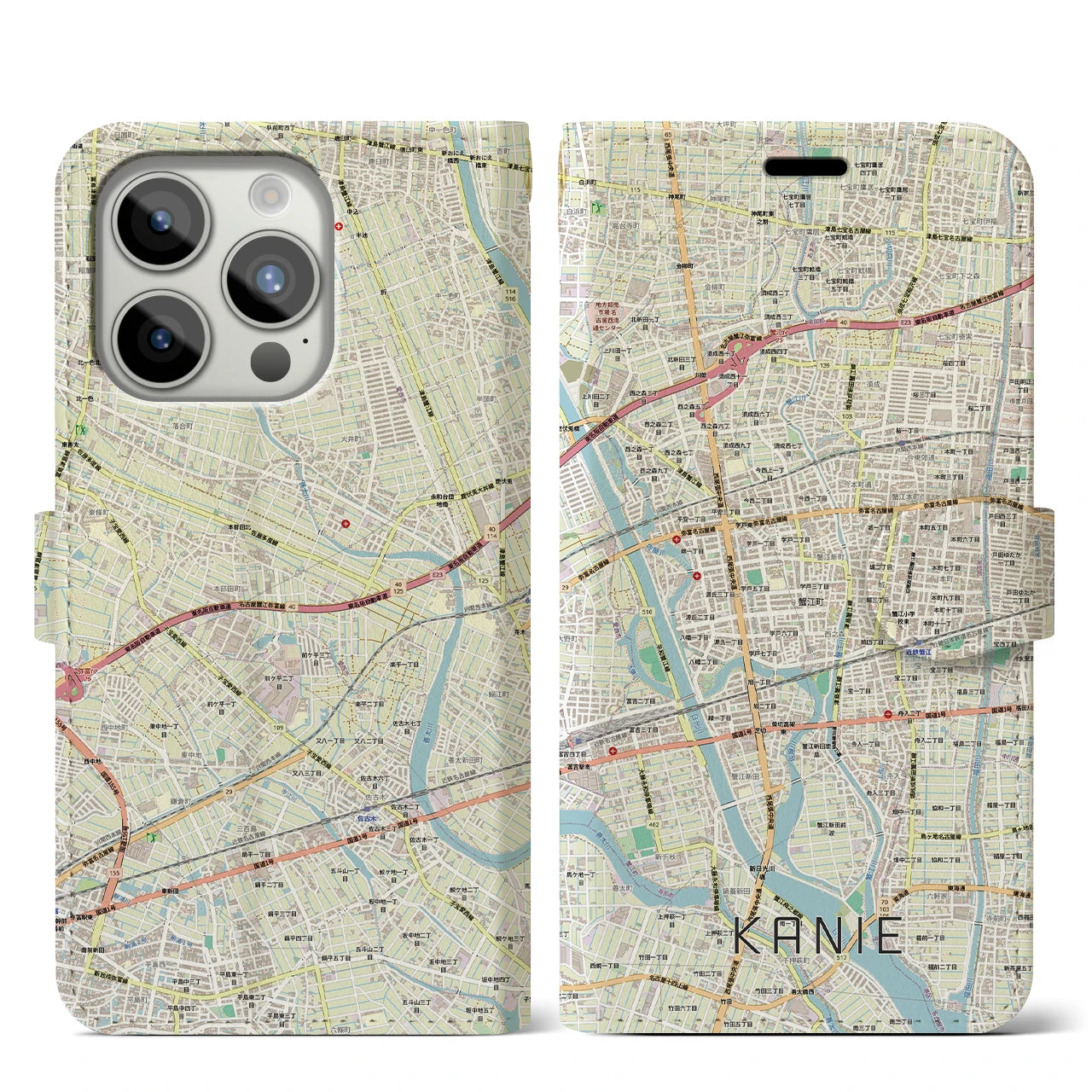 【蟹江(愛知県)】地図柄iPhoneケース(手帳タイプ)