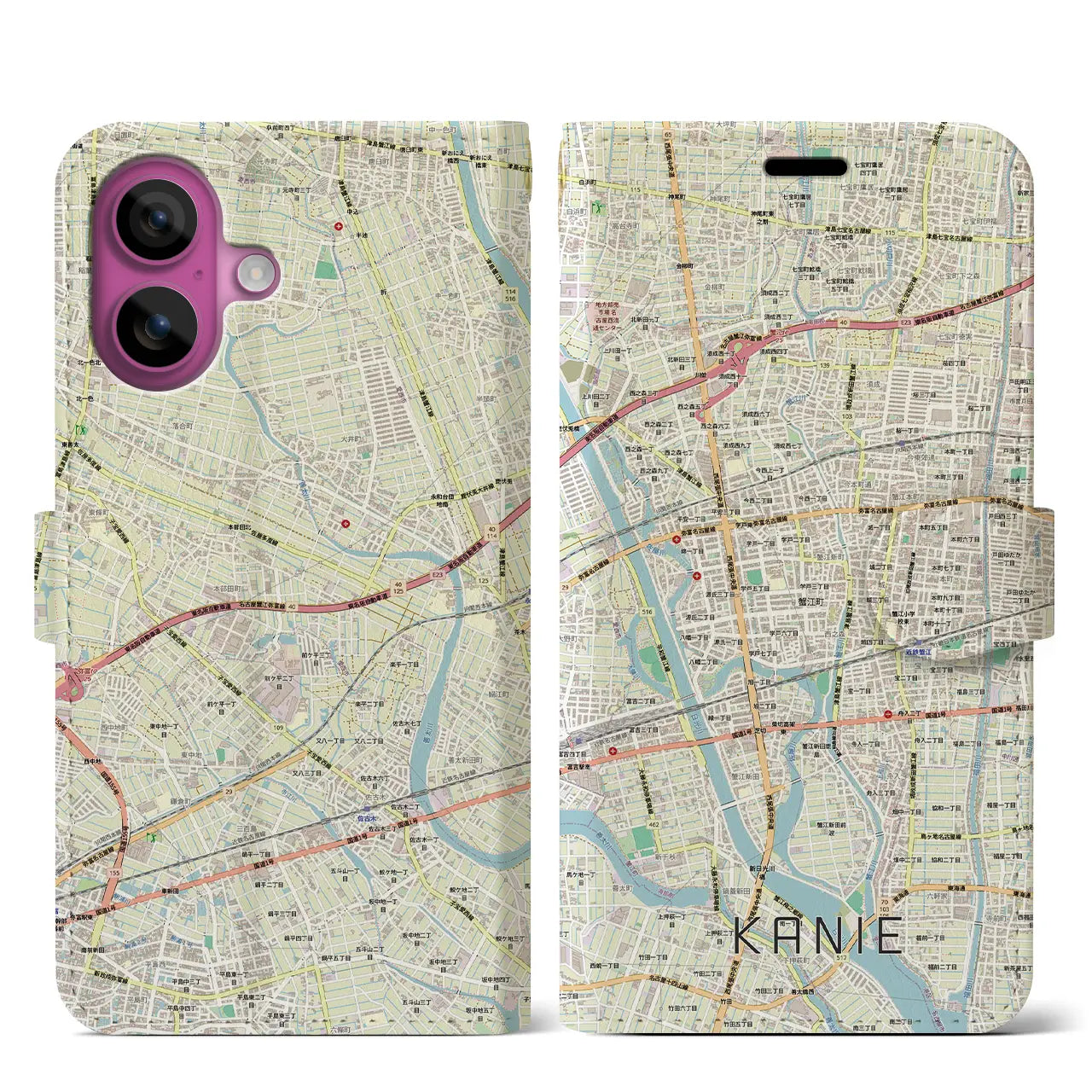 【蟹江(愛知県)】地図柄iPhoneケース(手帳タイプ)