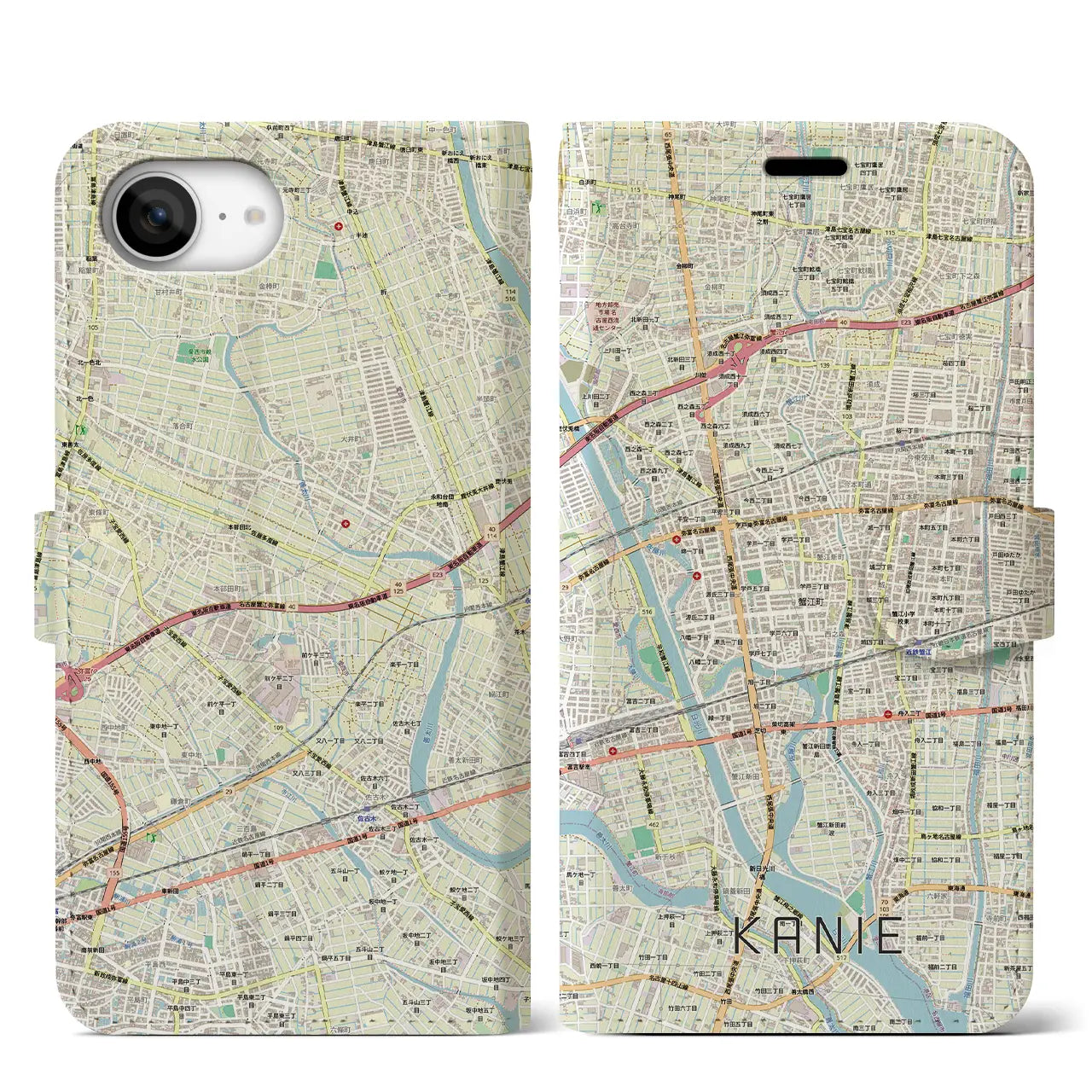 【蟹江(愛知県)】地図柄iPhoneケース(手帳タイプ)