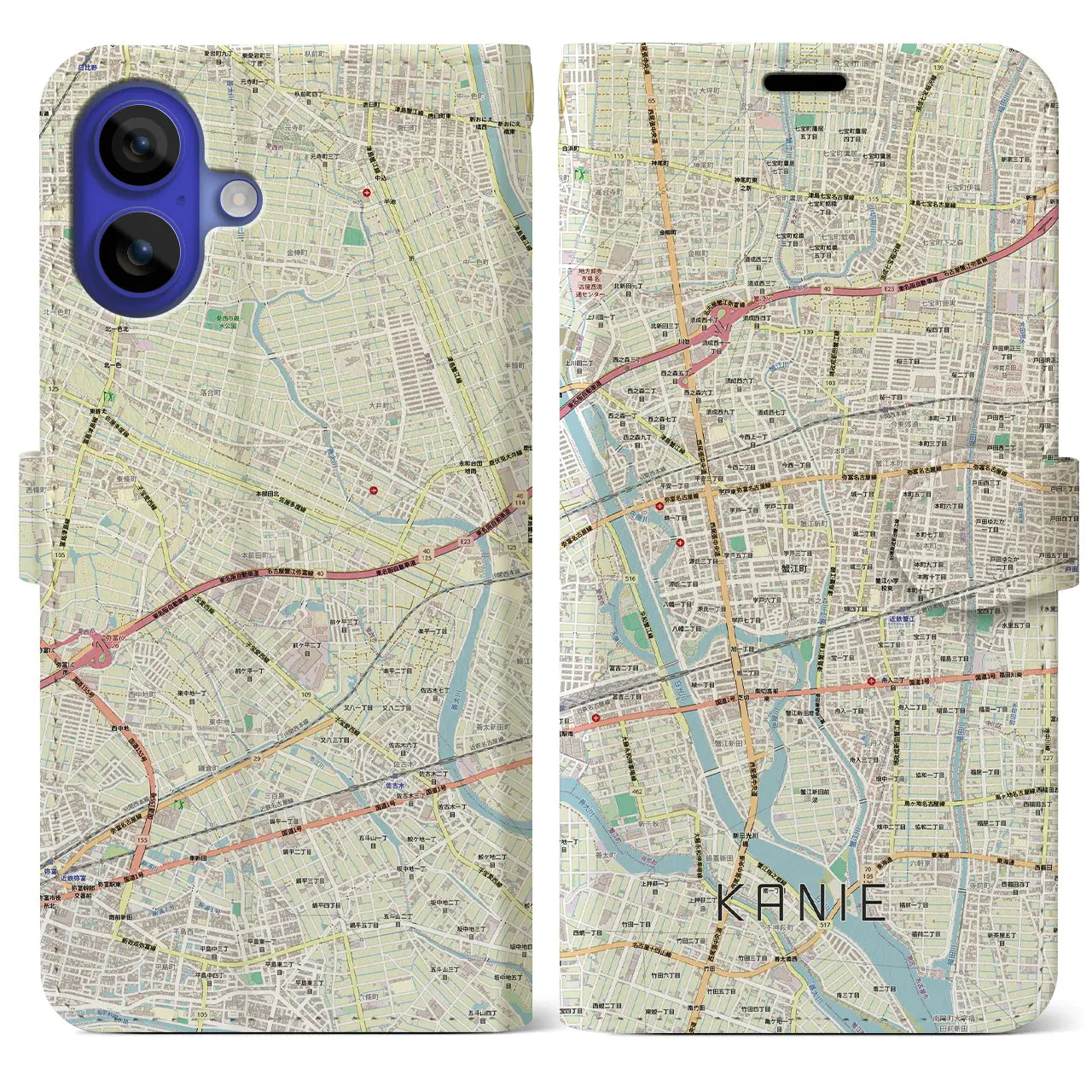 【蟹江(愛知県)】地図柄iPhoneケース(手帳タイプ)