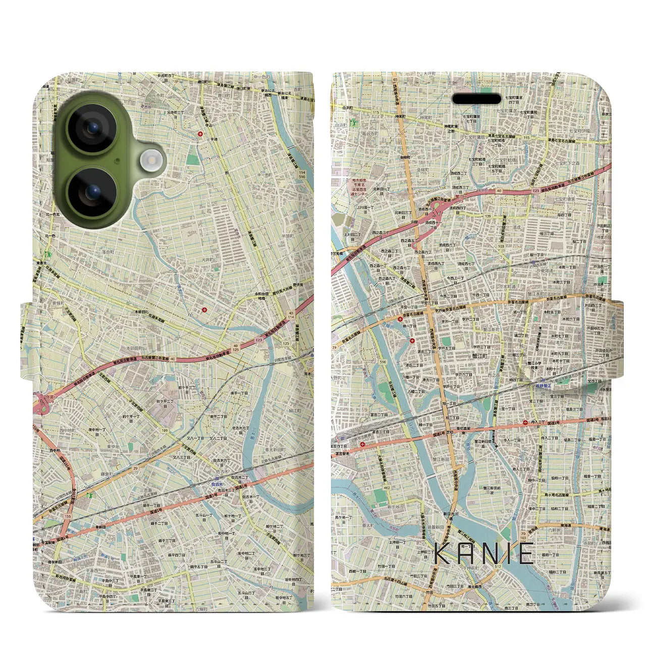 【蟹江(愛知県)】地図柄iPhoneケース(手帳タイプ)ナチュラル・iPhone 17 Pro Max 用