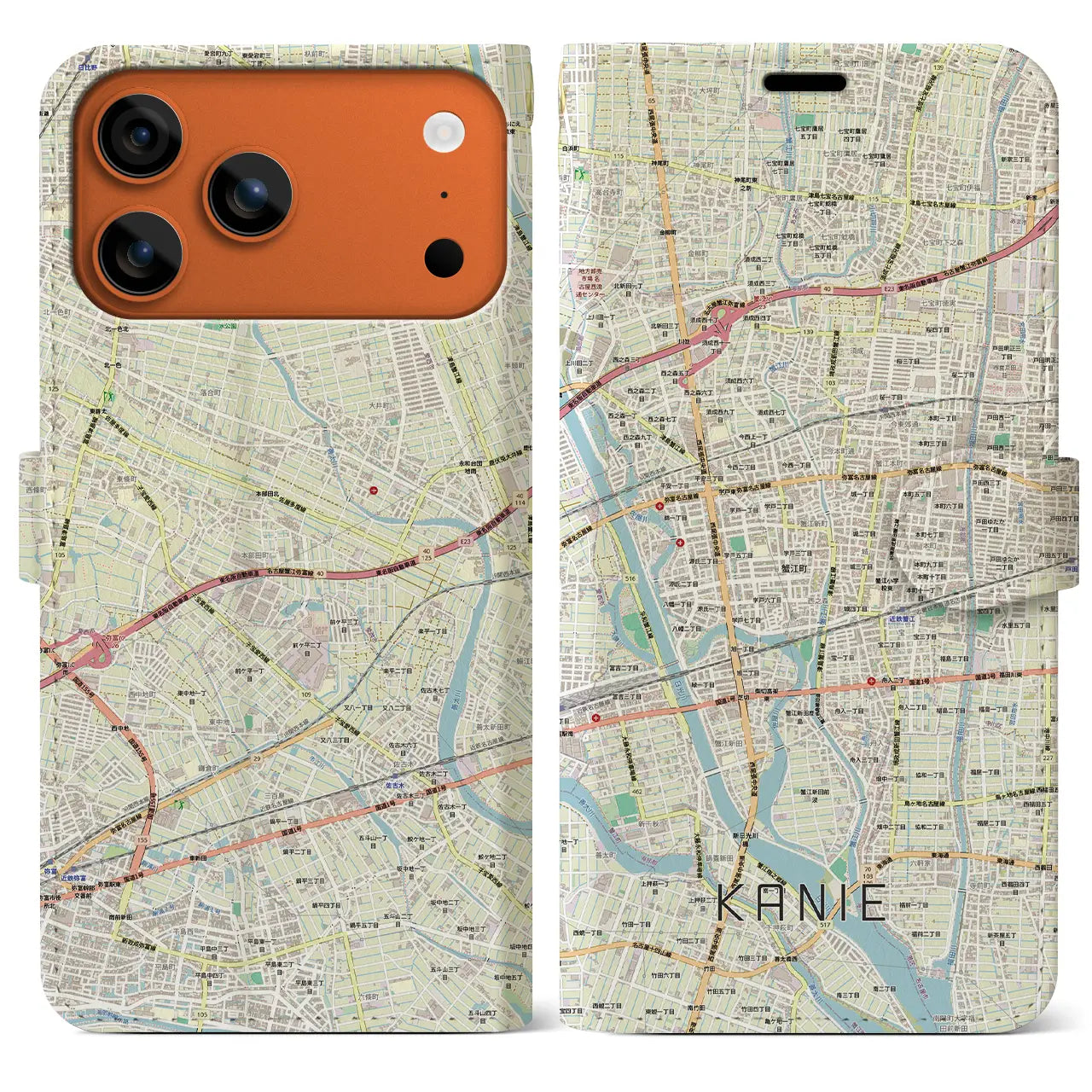 【蟹江(愛知県)】地図柄iPhoneケース(手帳タイプ)モノトーン・iPhone 17 Pro Max 用
