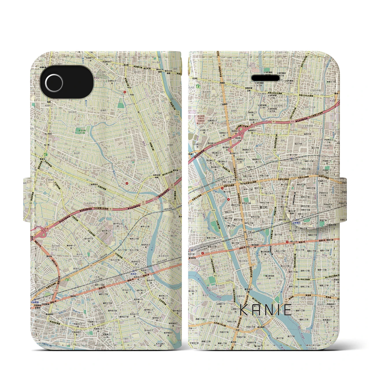 【蟹江(愛知県)】地図柄iPhoneケース(手帳タイプ)