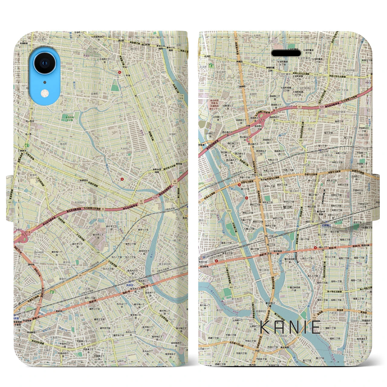 【蟹江(愛知県)】地図柄iPhoneケース(手帳タイプ)