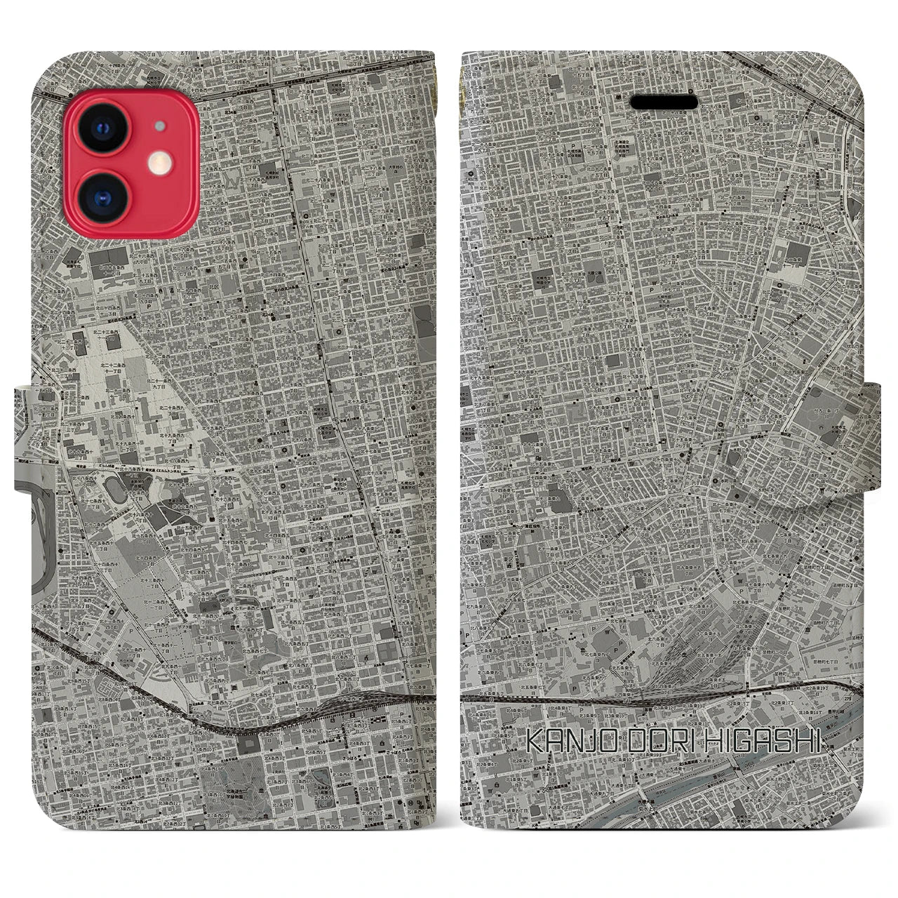 【環状通東(北海道)】地図柄iPhoneケース(手帳タイプ)モノトーン・iPhone 11 用