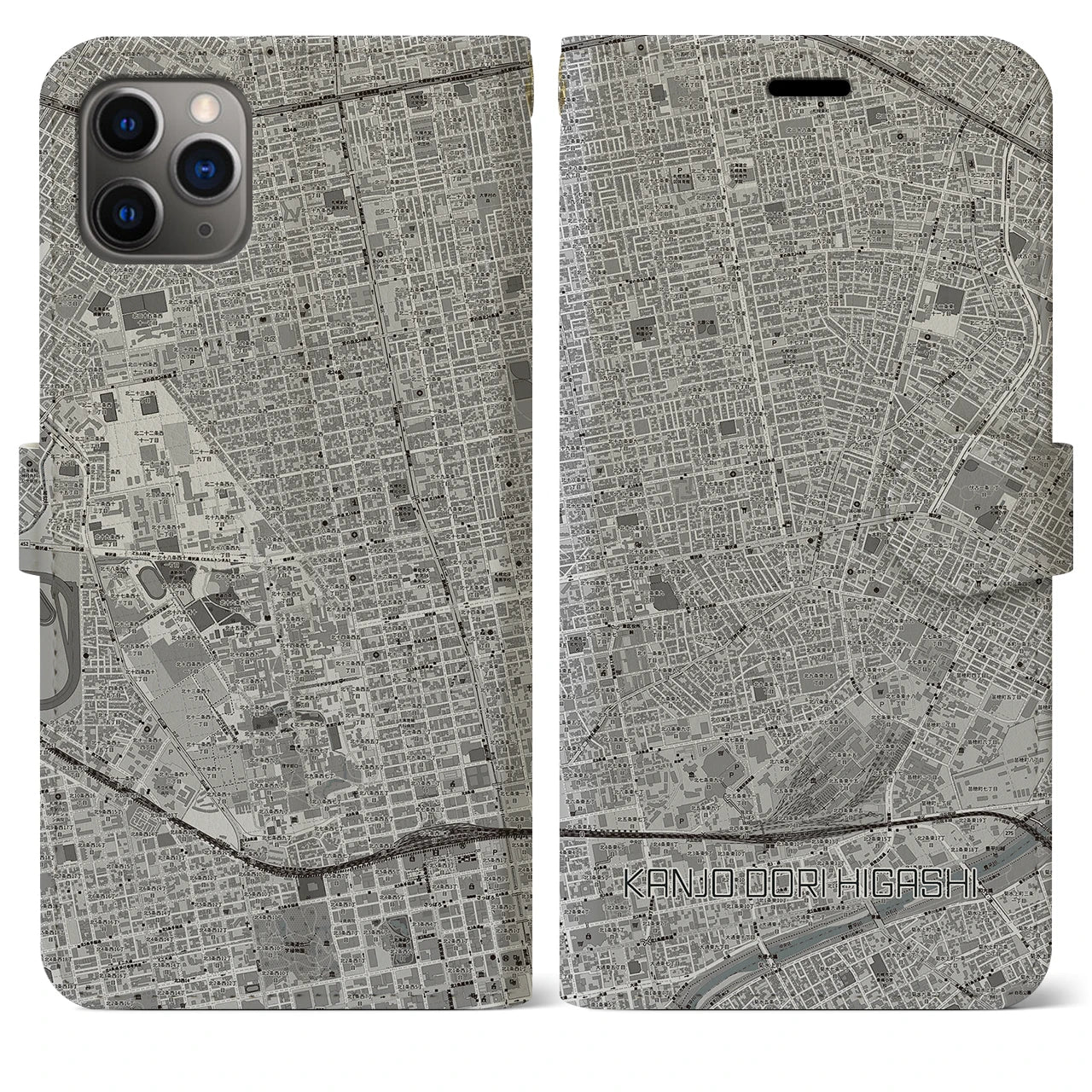 【環状通東(北海道)】地図柄iPhoneケース(手帳タイプ)モノトーン・iPhone 11 Pro Max 用