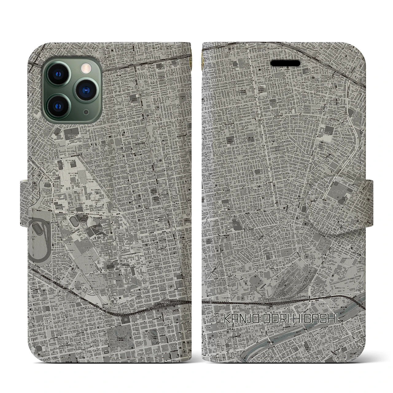 【環状通東(北海道)】地図柄iPhoneケース(手帳タイプ)モノトーン・iPhone 11 Pro 用