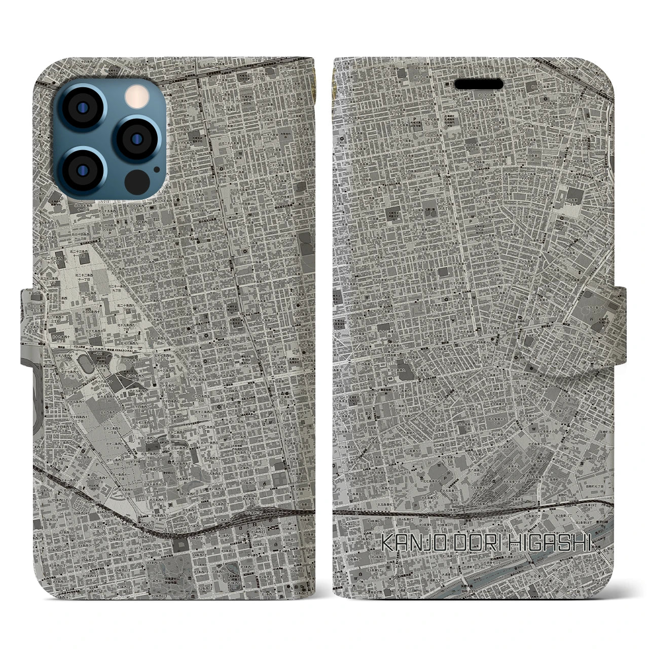 【環状通東(北海道)】地図柄iPhoneケース(手帳タイプ)モノトーン・iPhone 12 / 12 Pro 用
