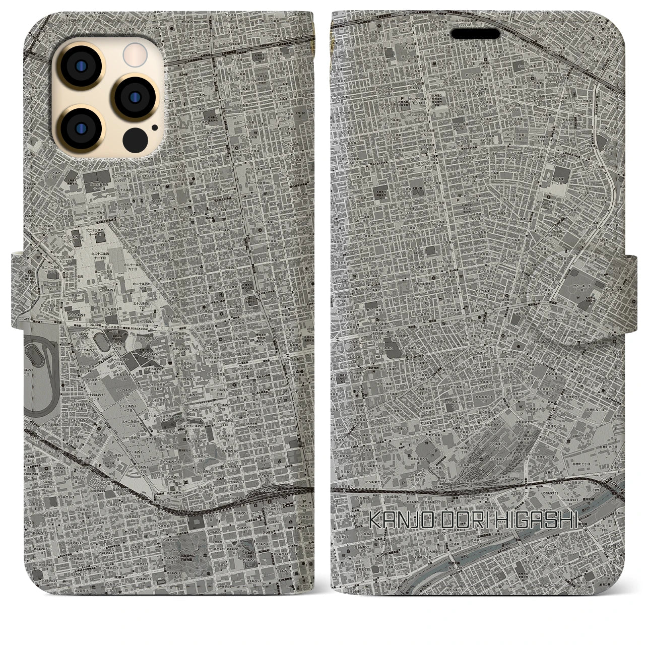 【環状通東(北海道)】地図柄iPhoneケース(手帳タイプ)モノトーン・iPhone 12 Pro Max 用