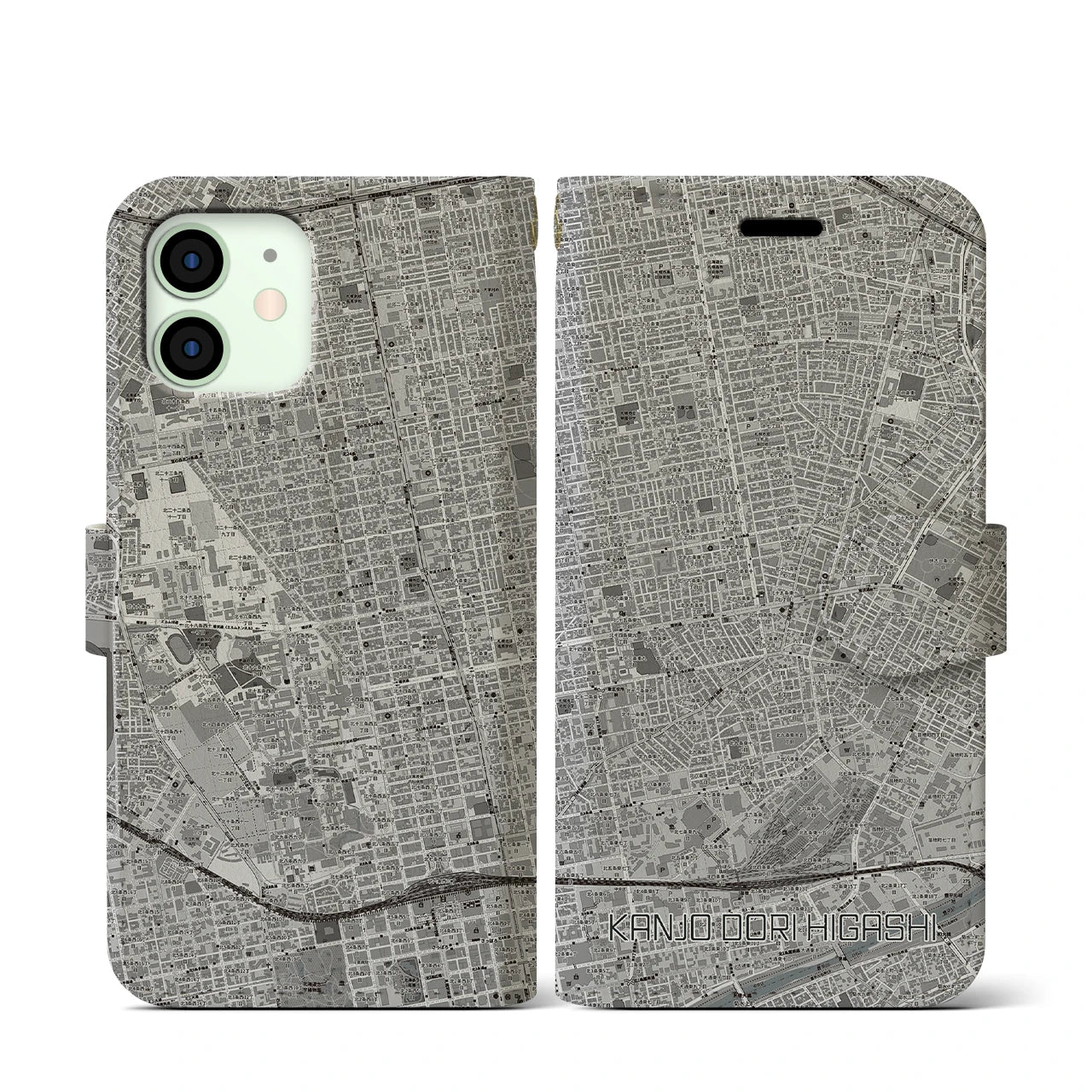 【環状通東(北海道)】地図柄iPhoneケース(手帳タイプ)モノトーン・iPhone 12 mini 用