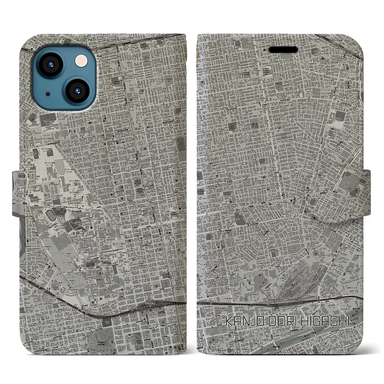 【環状通東(北海道)】地図柄iPhoneケース(手帳タイプ)モノトーン・iPhone 13 用