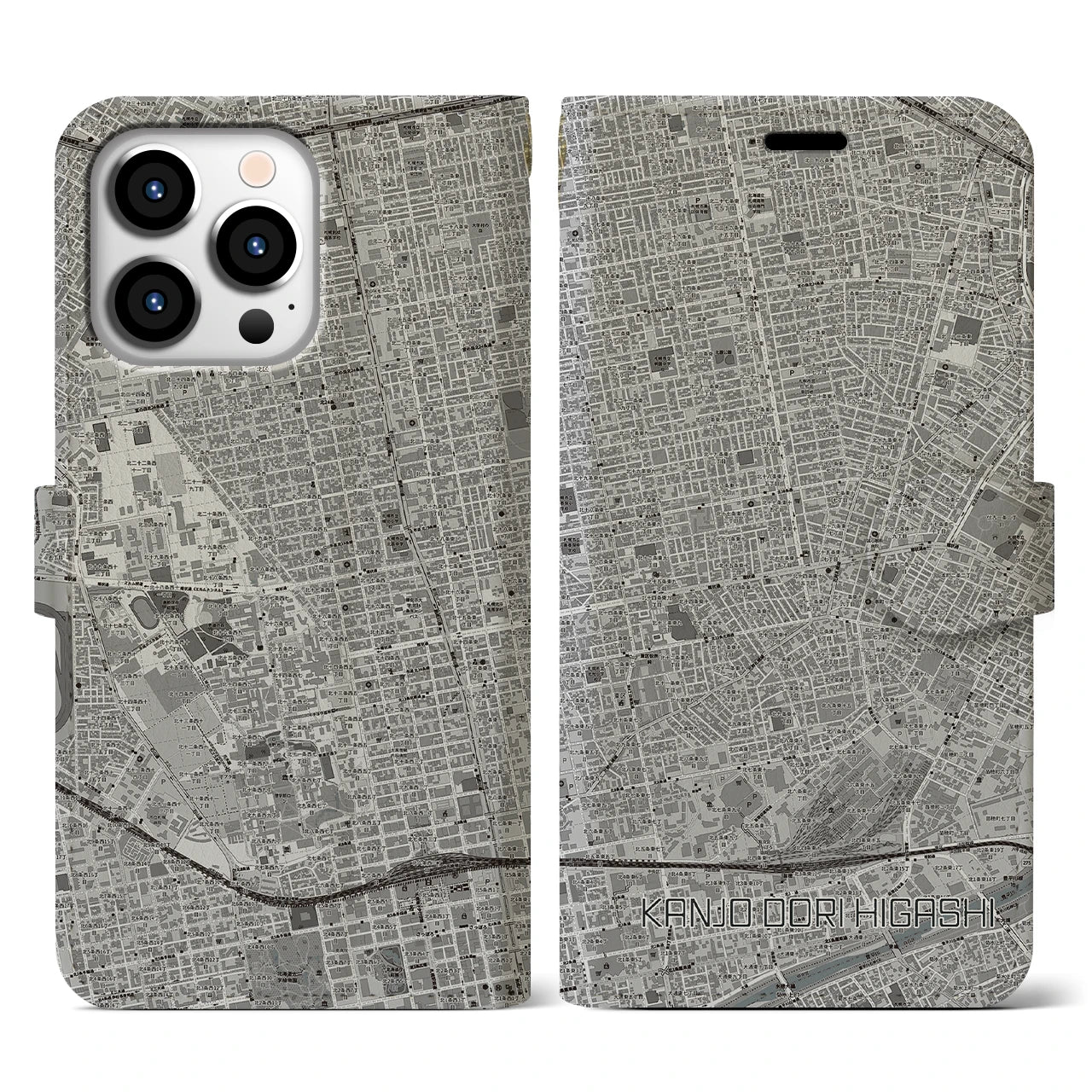 【環状通東(北海道)】地図柄iPhoneケース(手帳タイプ)モノトーン・iPhone 13 Pro 用