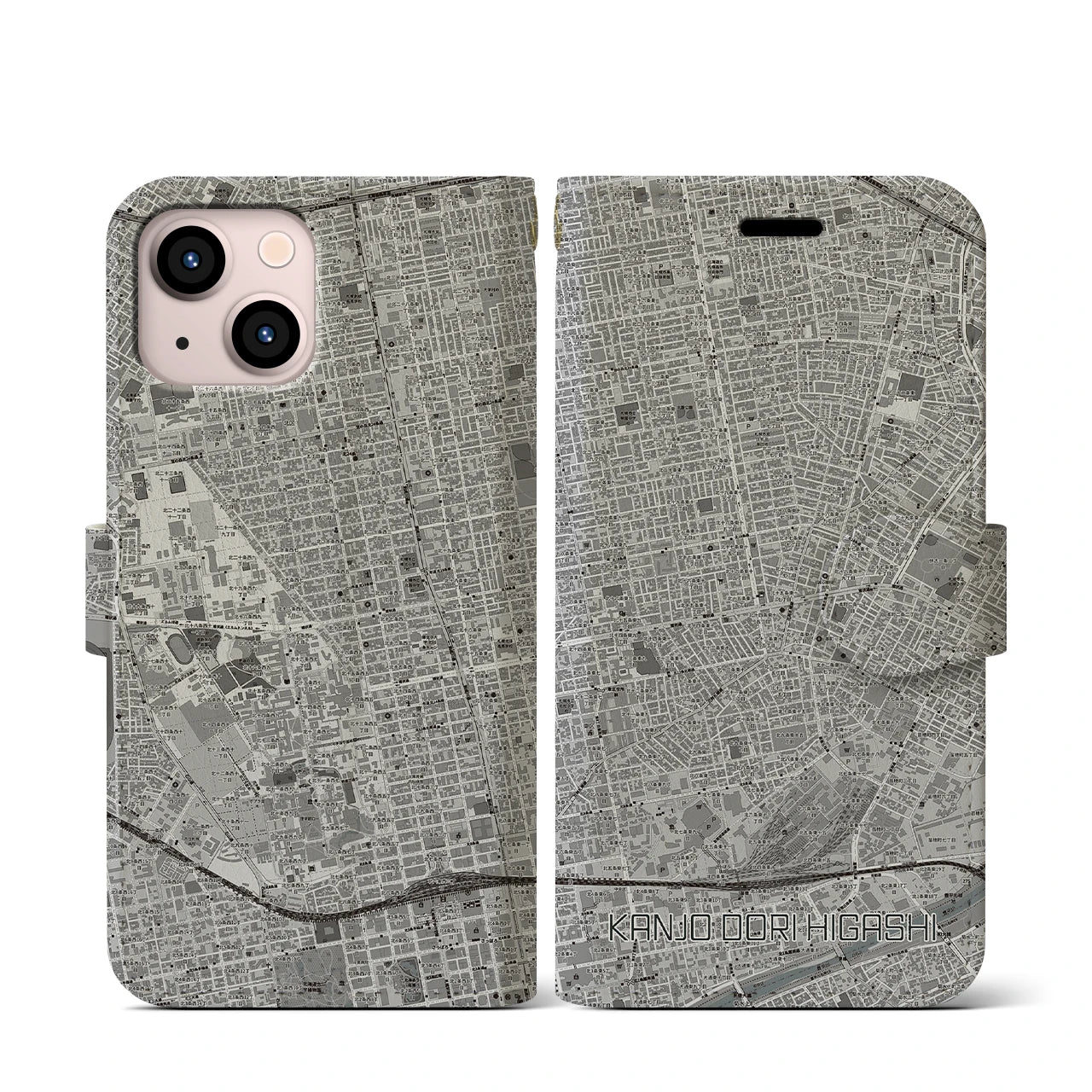 【環状通東(北海道)】地図柄iPhoneケース(手帳タイプ)モノトーン・iPhone 13 mini 用
