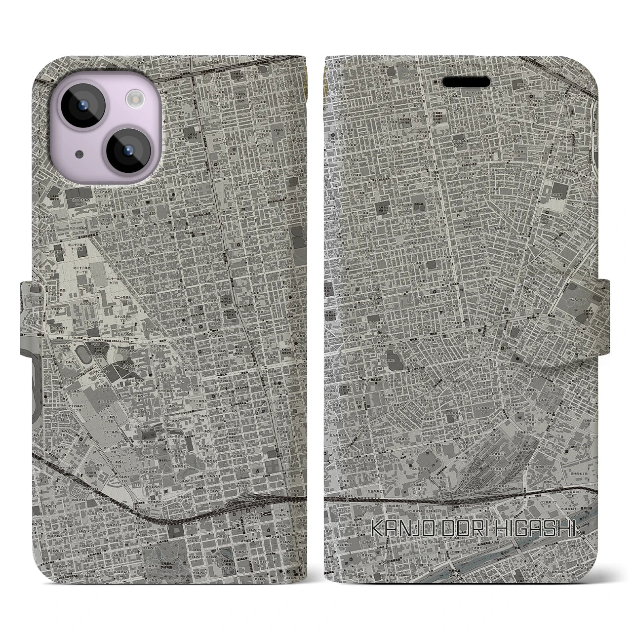 【環状通東(北海道)】地図柄iPhoneケース(手帳タイプ)モノトーン・iPhone 14 用