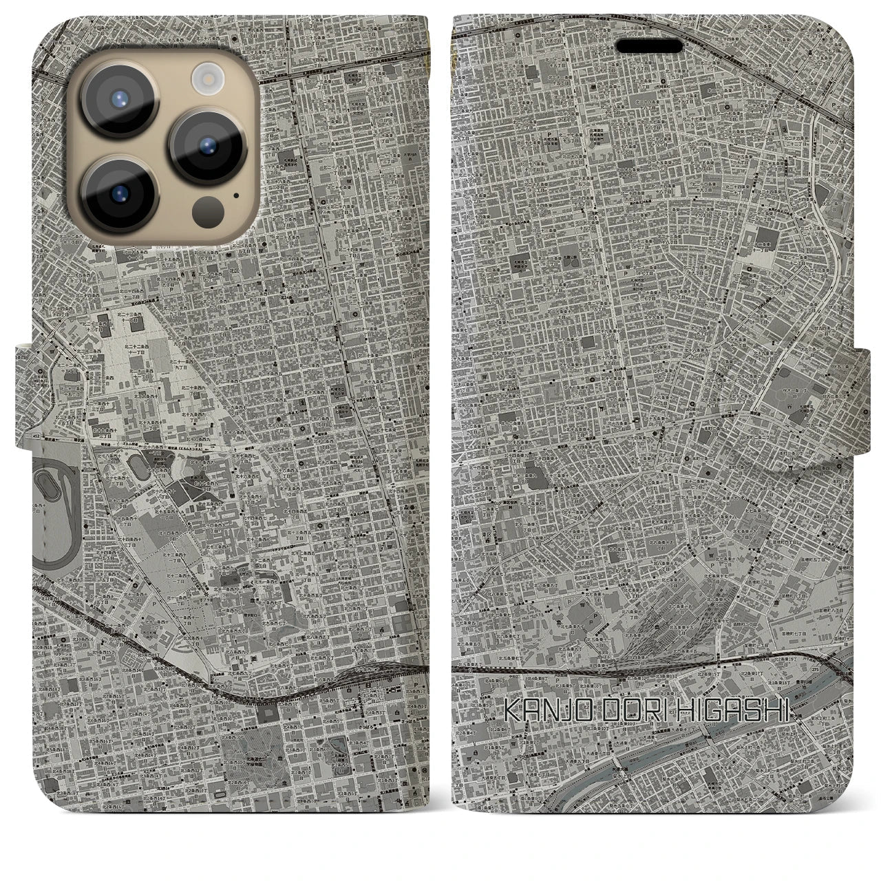 【環状通東(北海道)】地図柄iPhoneケース(手帳タイプ)モノトーン・iPhone 14 Pro Max 用