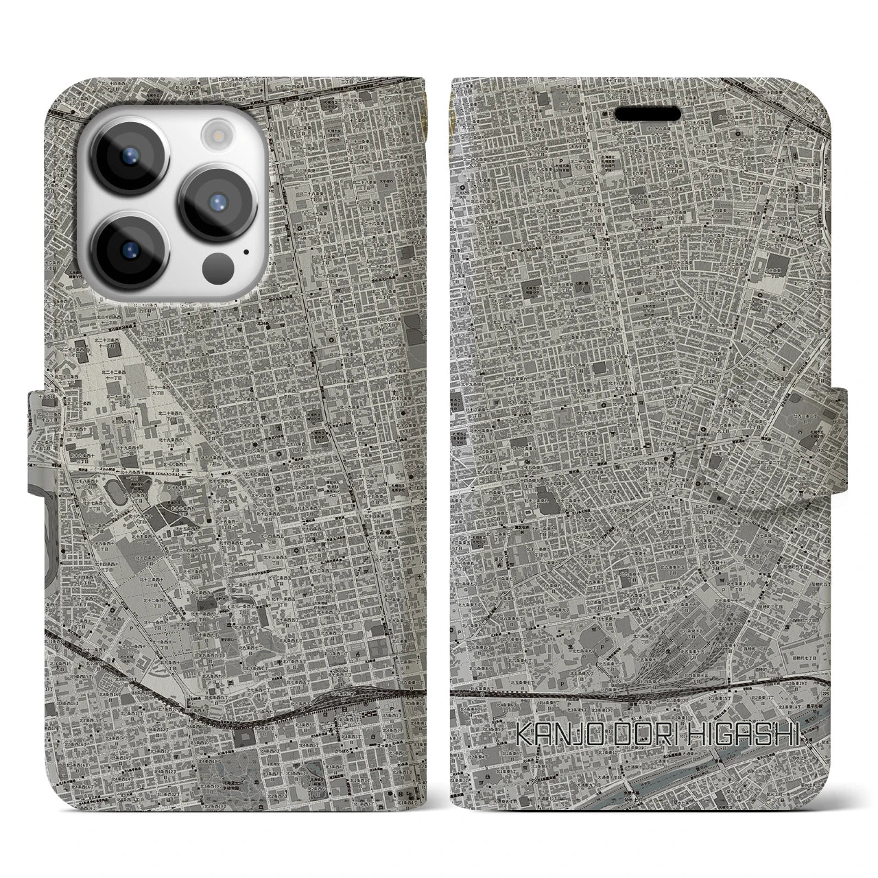 【環状通東(北海道)】地図柄iPhoneケース(手帳タイプ)モノトーン・iPhone 14 Pro 用