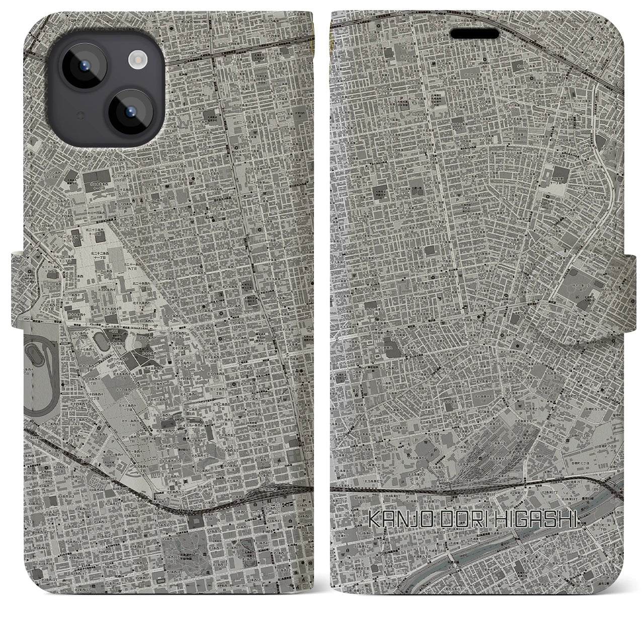 【環状通東(北海道)】地図柄iPhoneケース(手帳タイプ)モノトーン・iPhone 14 Plus 用