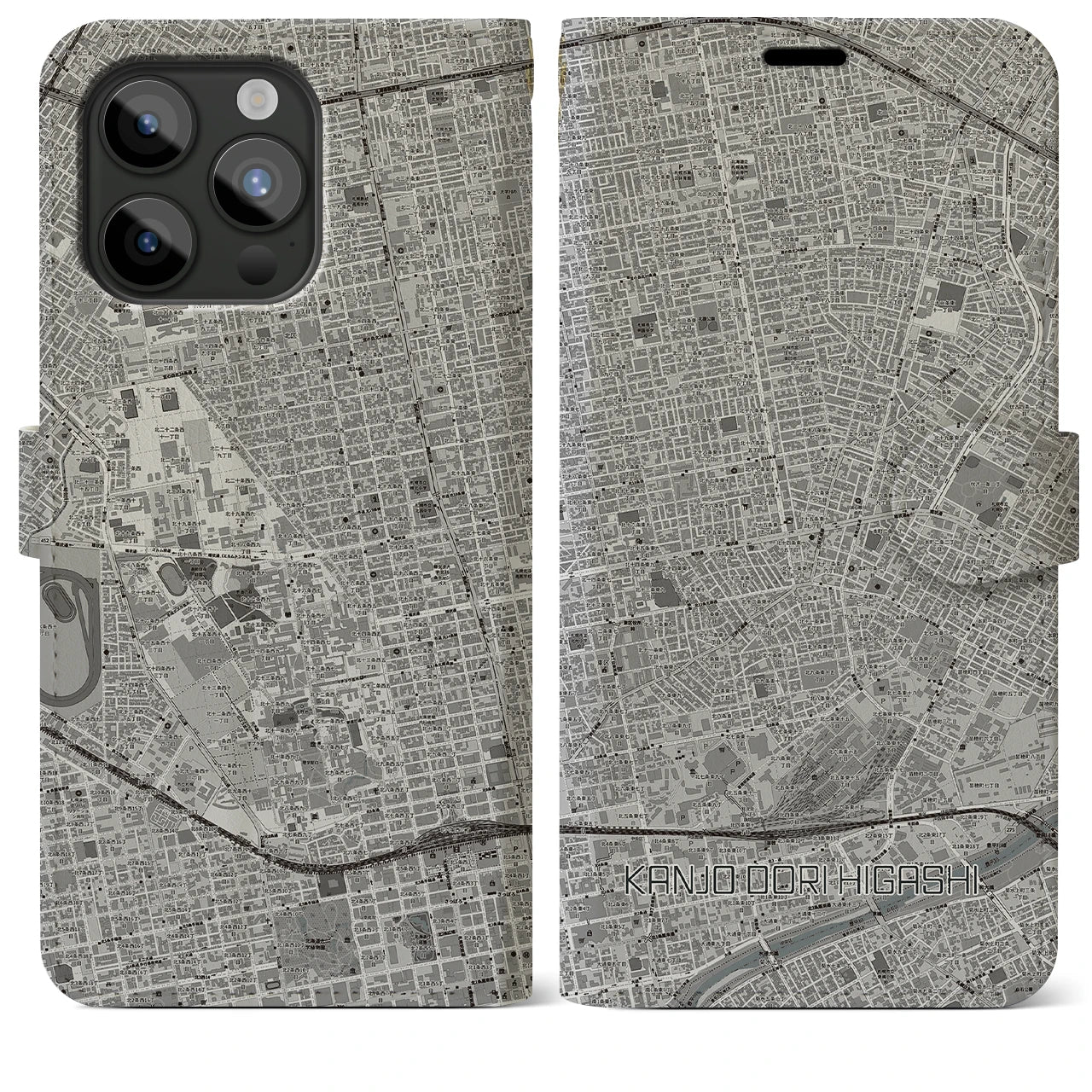 【環状通東(北海道)】地図柄iPhoneケース(手帳タイプ)モノトーン・iPhone 15 Pro Max 用