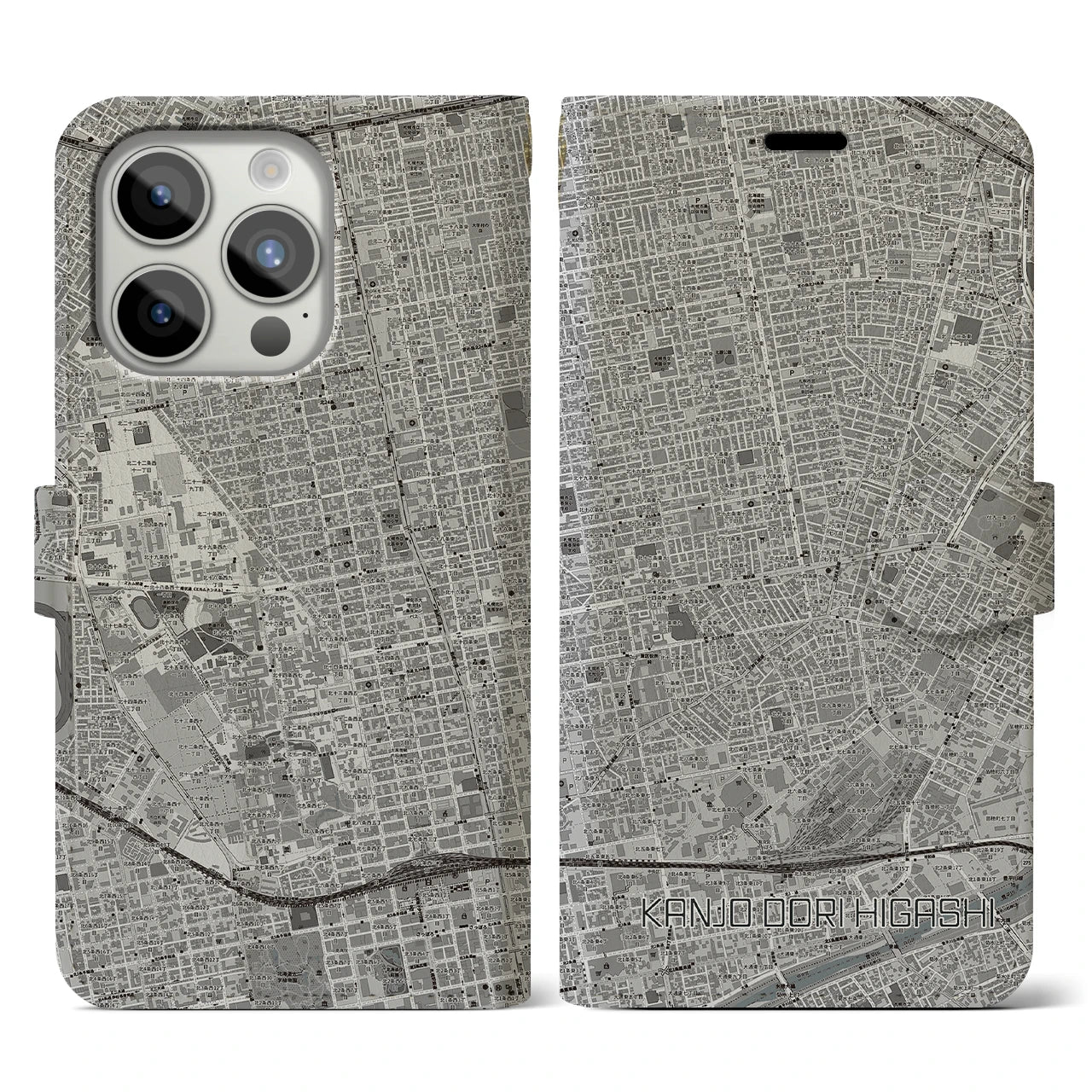 【環状通東(北海道)】地図柄iPhoneケース(手帳タイプ)モノトーン・iPhone 15 Pro 用