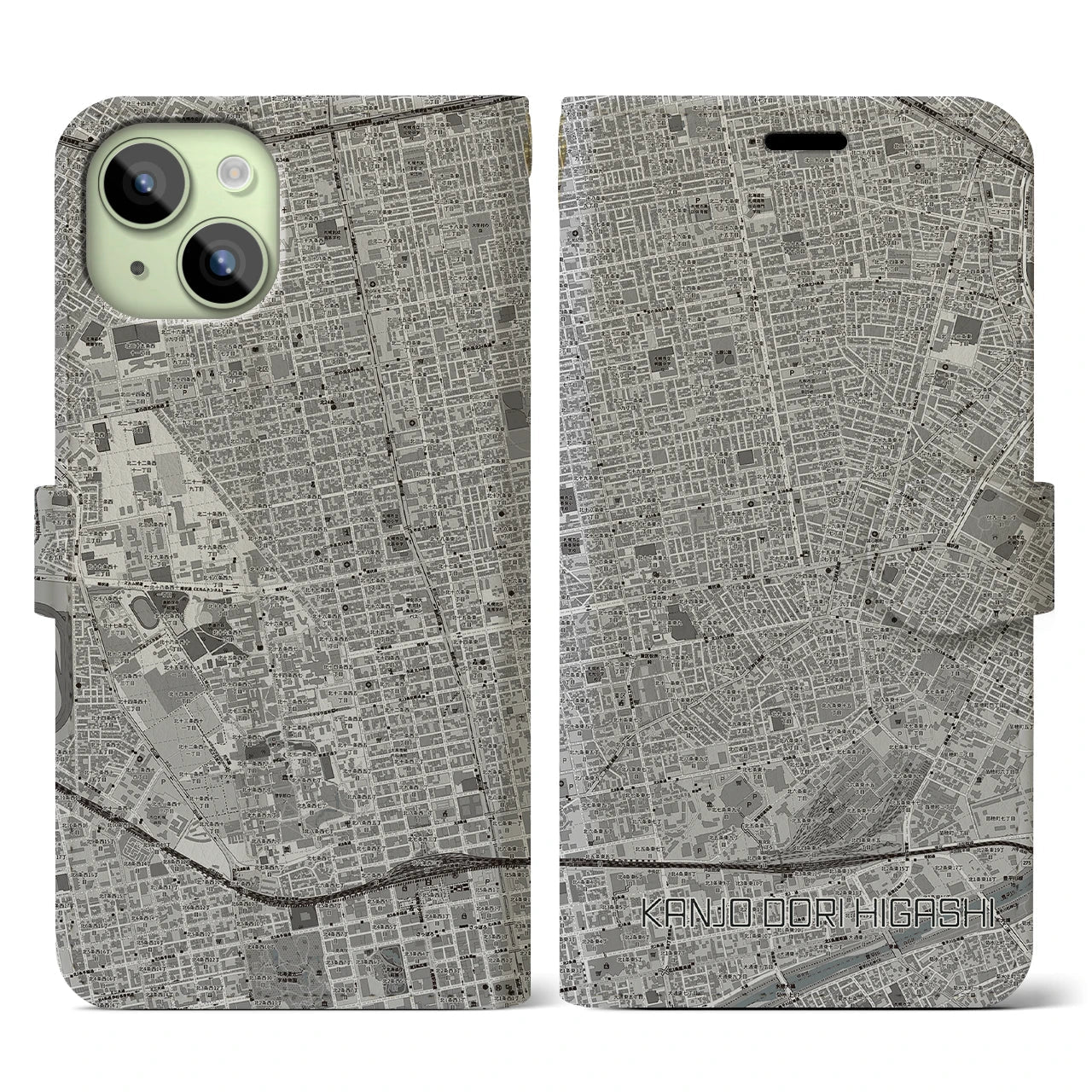 【環状通東(北海道)】地図柄iPhoneケース(手帳タイプ)モノトーン・iPhone 15 用