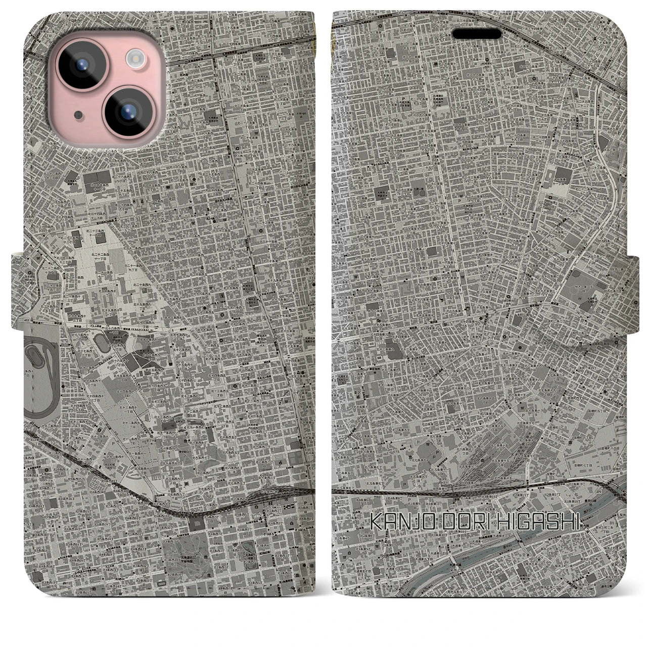 【環状通東(北海道)】地図柄iPhoneケース(手帳タイプ)モノトーン・iPhone 15 Plus 用