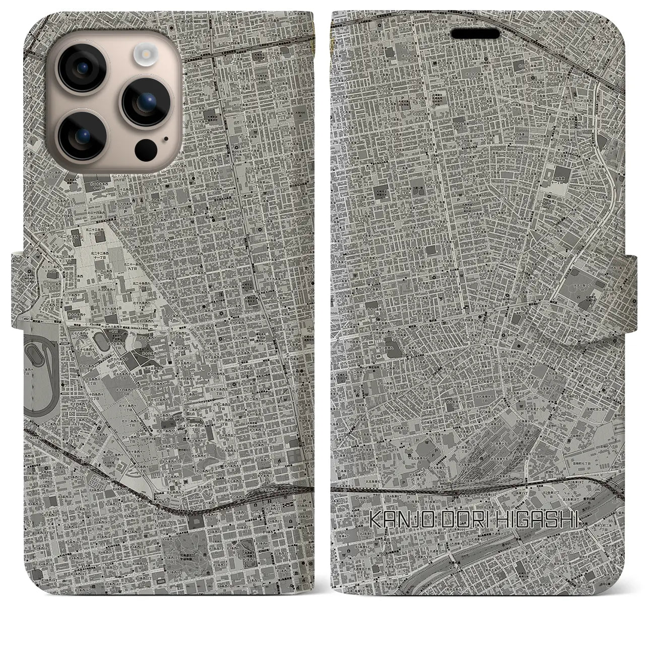 【環状通東(北海道)】地図柄iPhoneケース(手帳タイプ)モノトーン・iPhone 16 Plus 用