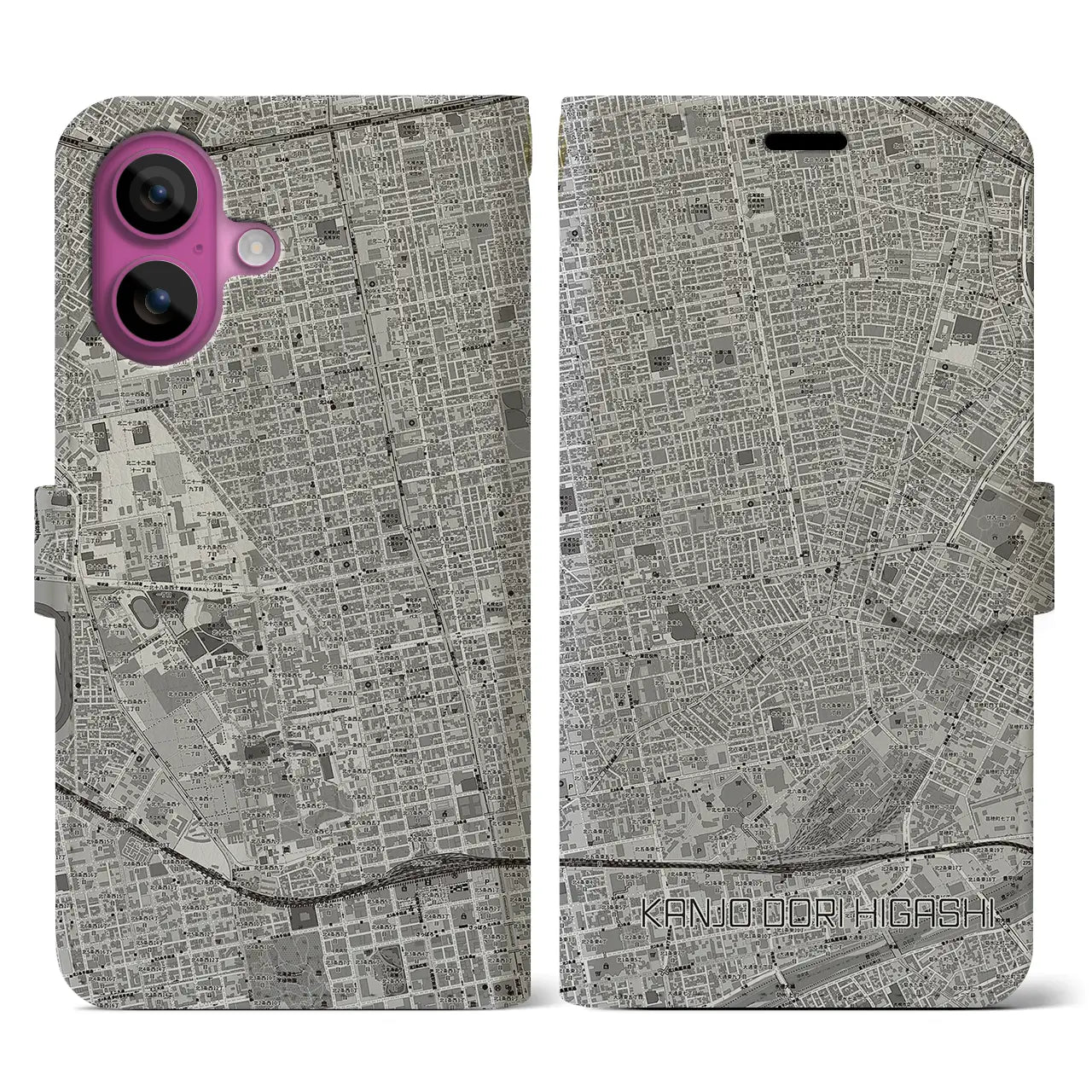 【環状通東(北海道)】地図柄iPhoneケース(手帳タイプ)モノトーン・iPhone 16 Pro 用