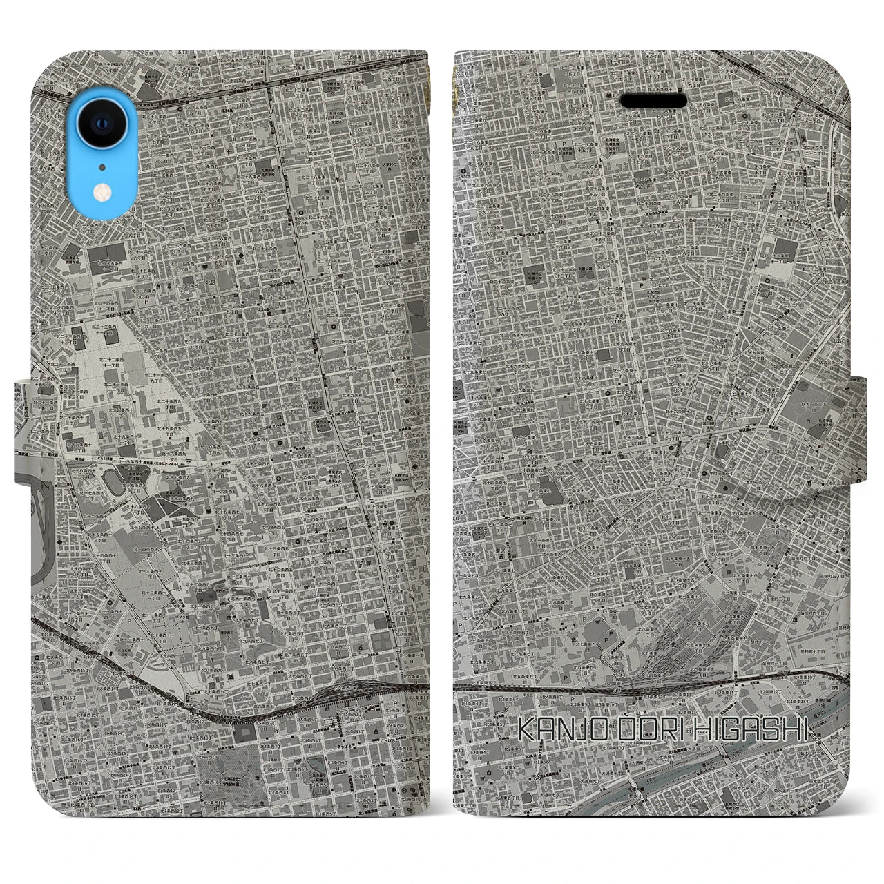 【環状通東(北海道)】地図柄iPhoneケース(手帳タイプ)モノトーン・iPhone XR 用