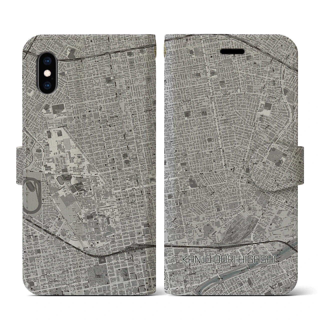 【環状通東(北海道)】地図柄iPhoneケース(手帳タイプ)モノトーン・iPhone XS / X 用