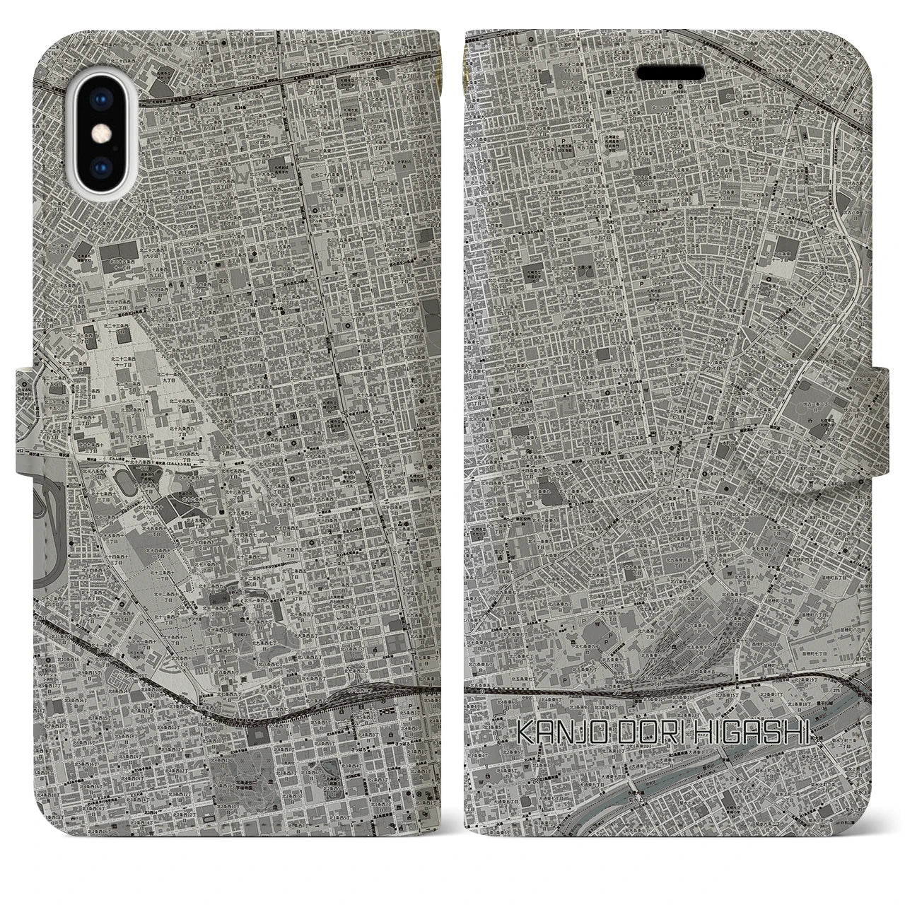 【環状通東(北海道)】地図柄iPhoneケース(手帳タイプ)モノトーン・iPhone XS Max 用