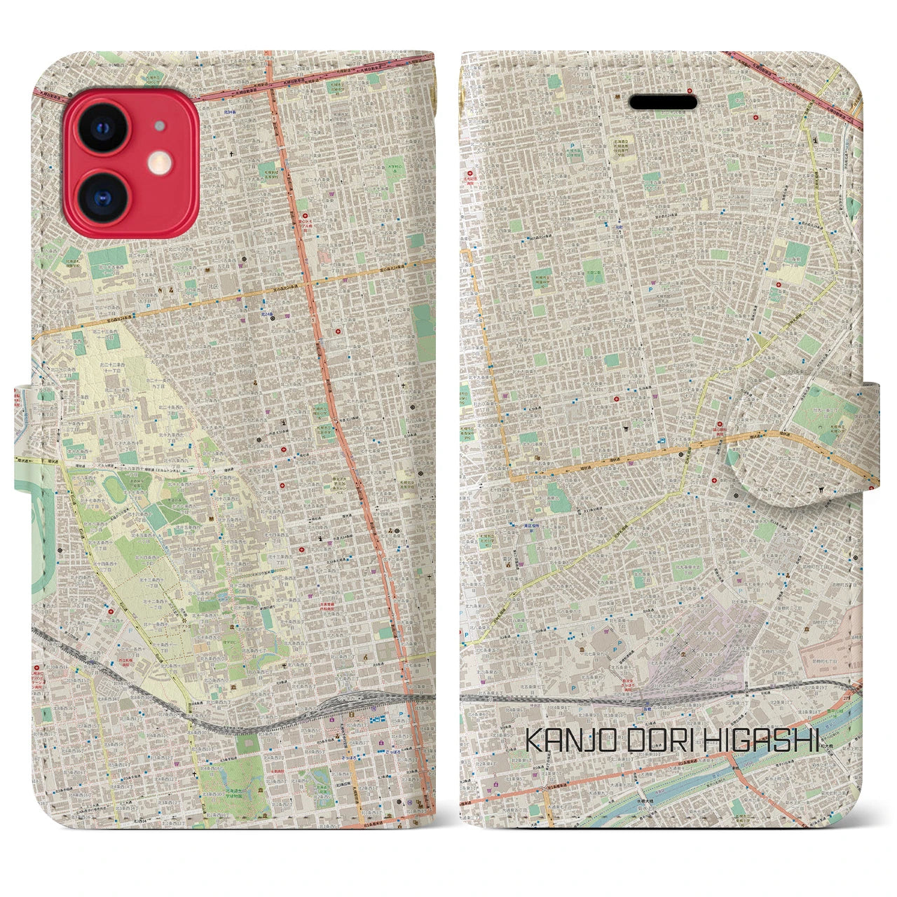 【環状通東(北海道)】地図柄iPhoneケース(手帳タイプ)ナチュラル・iPhone 11 用