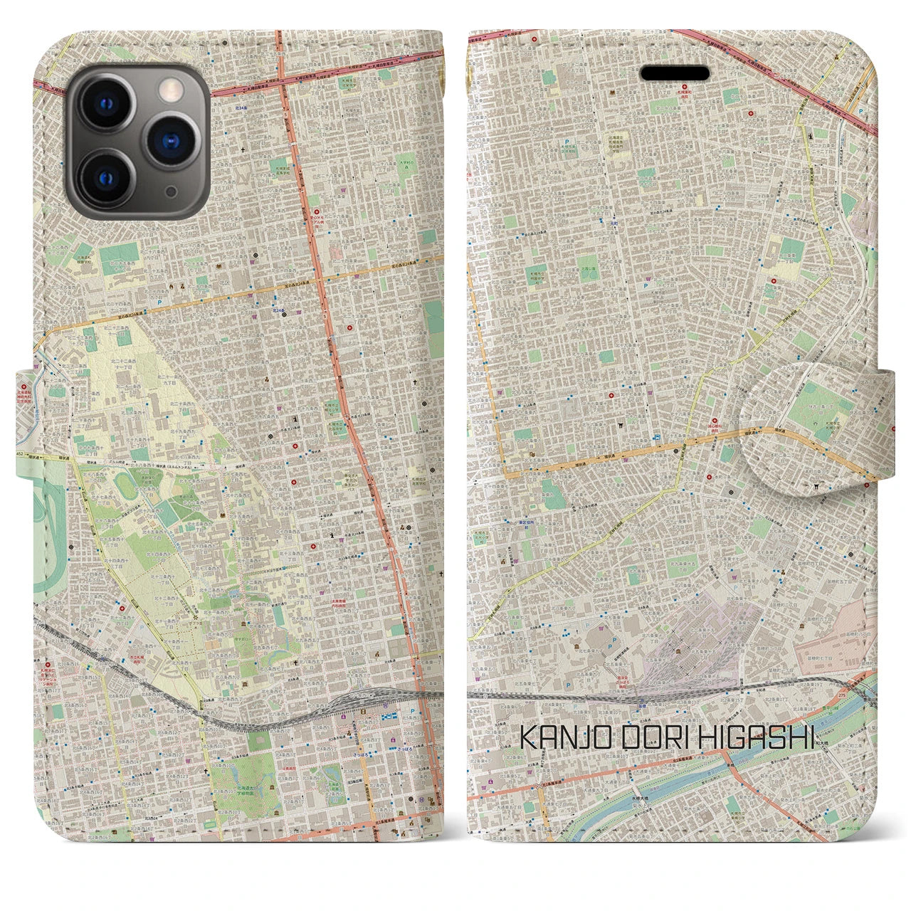 【環状通東(北海道)】地図柄iPhoneケース(手帳タイプ)ナチュラル・iPhone 11 Pro Max 用