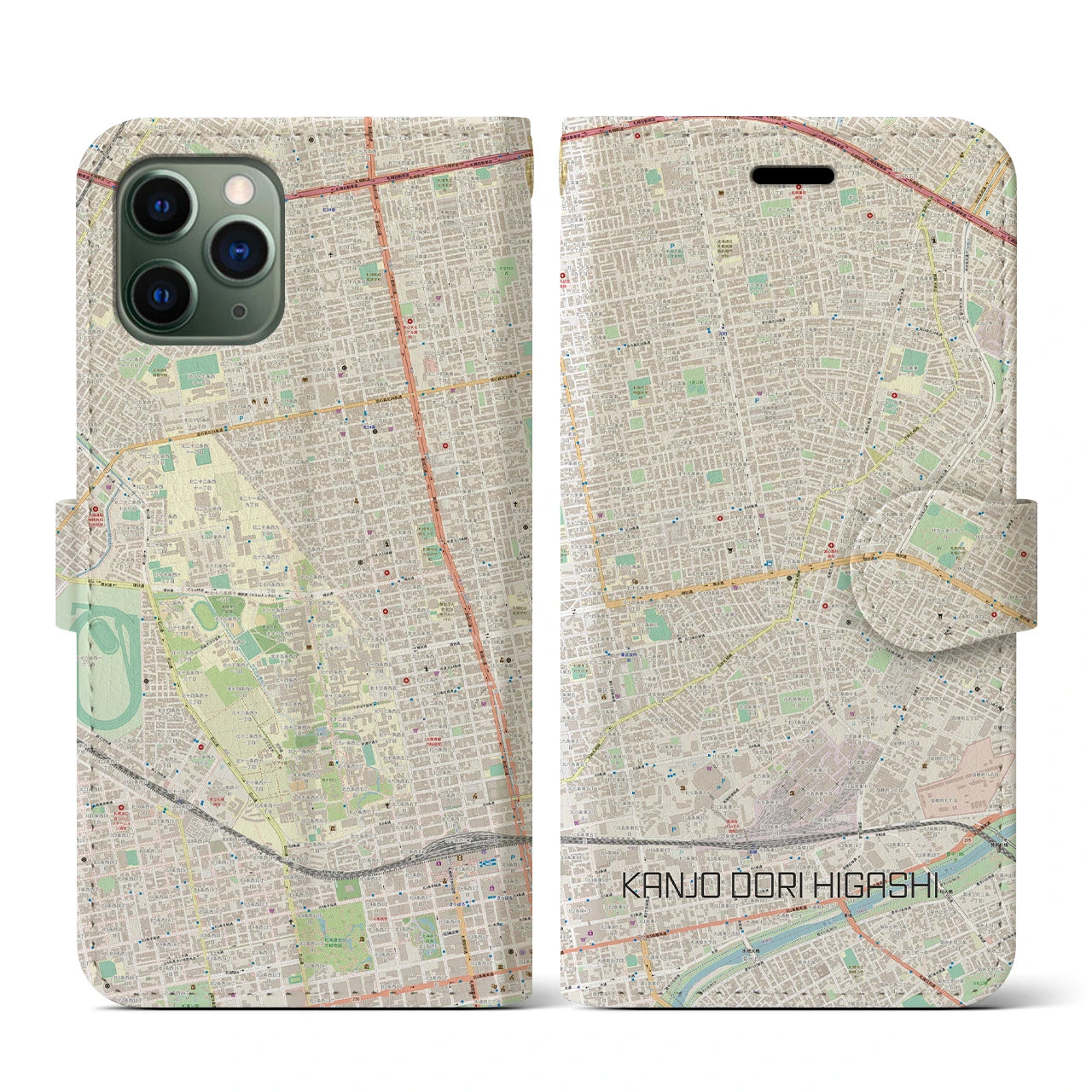 【環状通東(北海道)】地図柄iPhoneケース(手帳タイプ)ナチュラル・iPhone 11 Pro 用