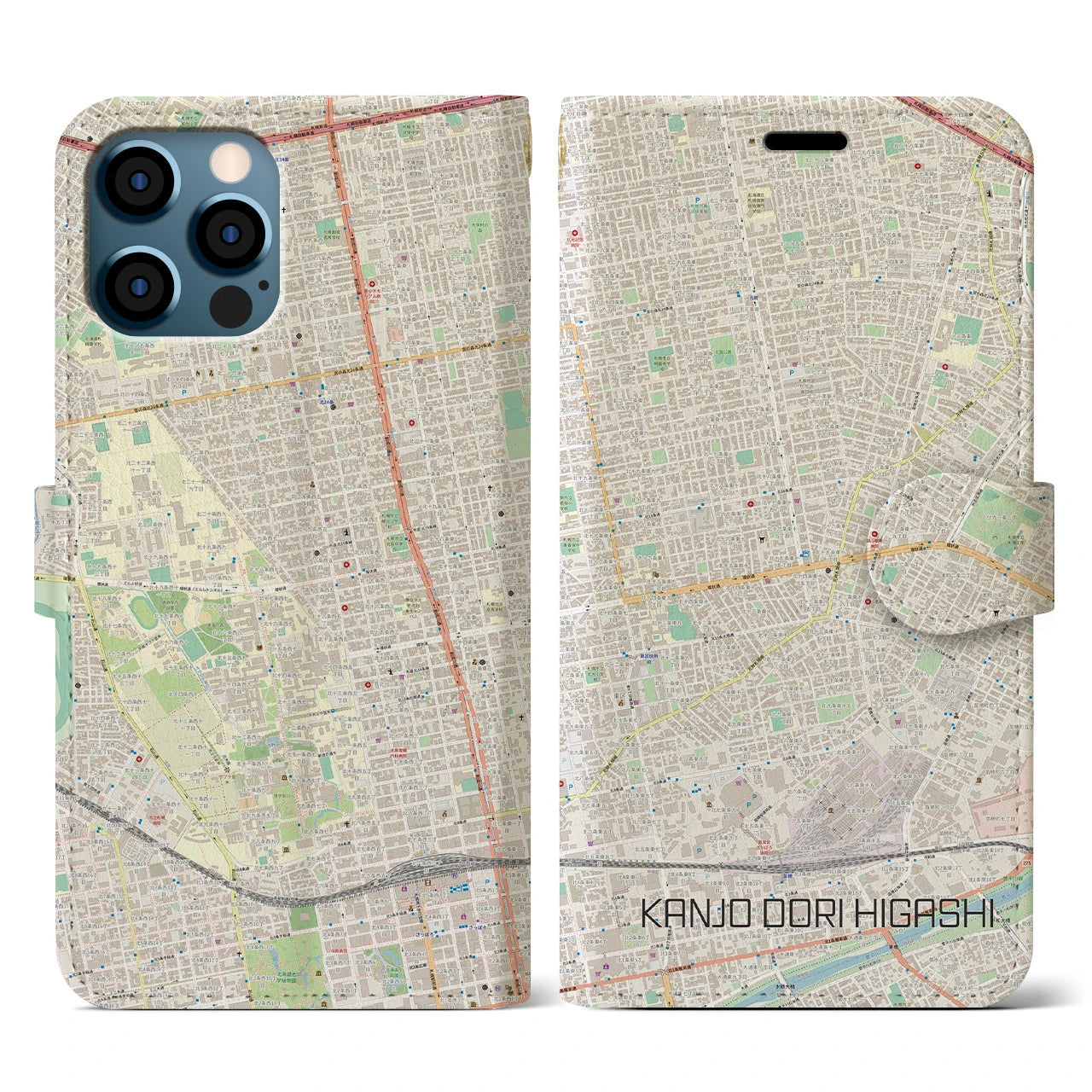 【環状通東(北海道)】地図柄iPhoneケース(手帳タイプ)ナチュラル・iPhone 12 / 12 Pro 用