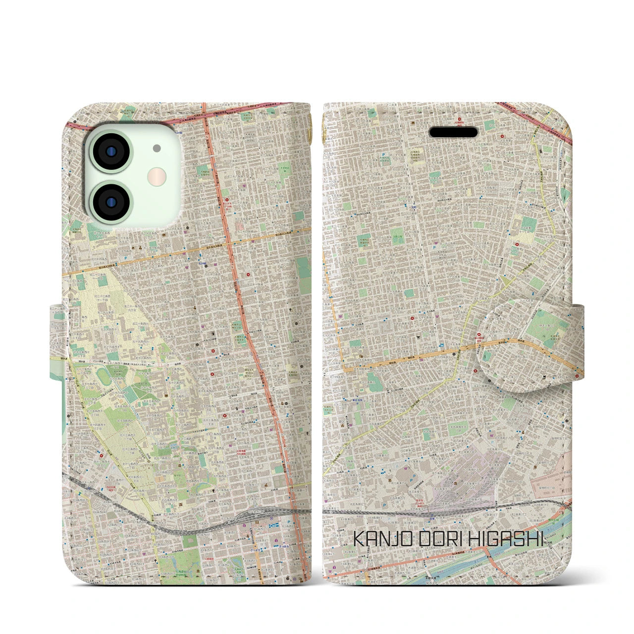 【環状通東(北海道)】地図柄iPhoneケース(手帳タイプ)ナチュラル・iPhone 12 mini 用