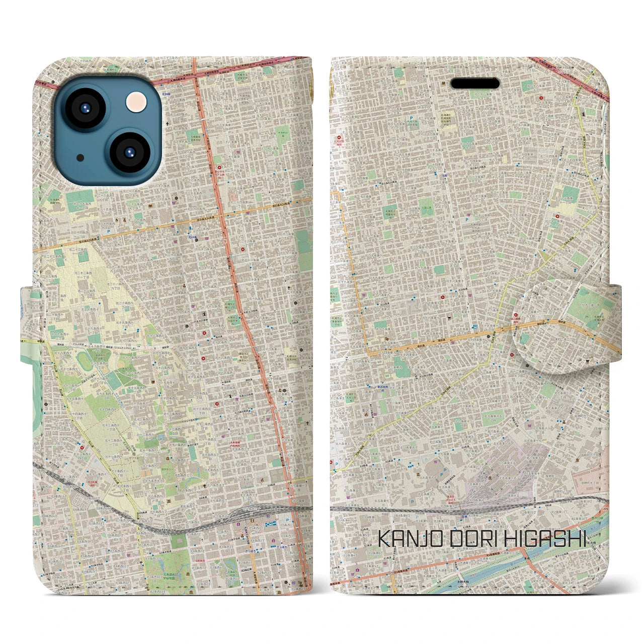 【環状通東(北海道)】地図柄iPhoneケース(手帳タイプ)ナチュラル・iPhone 13 用